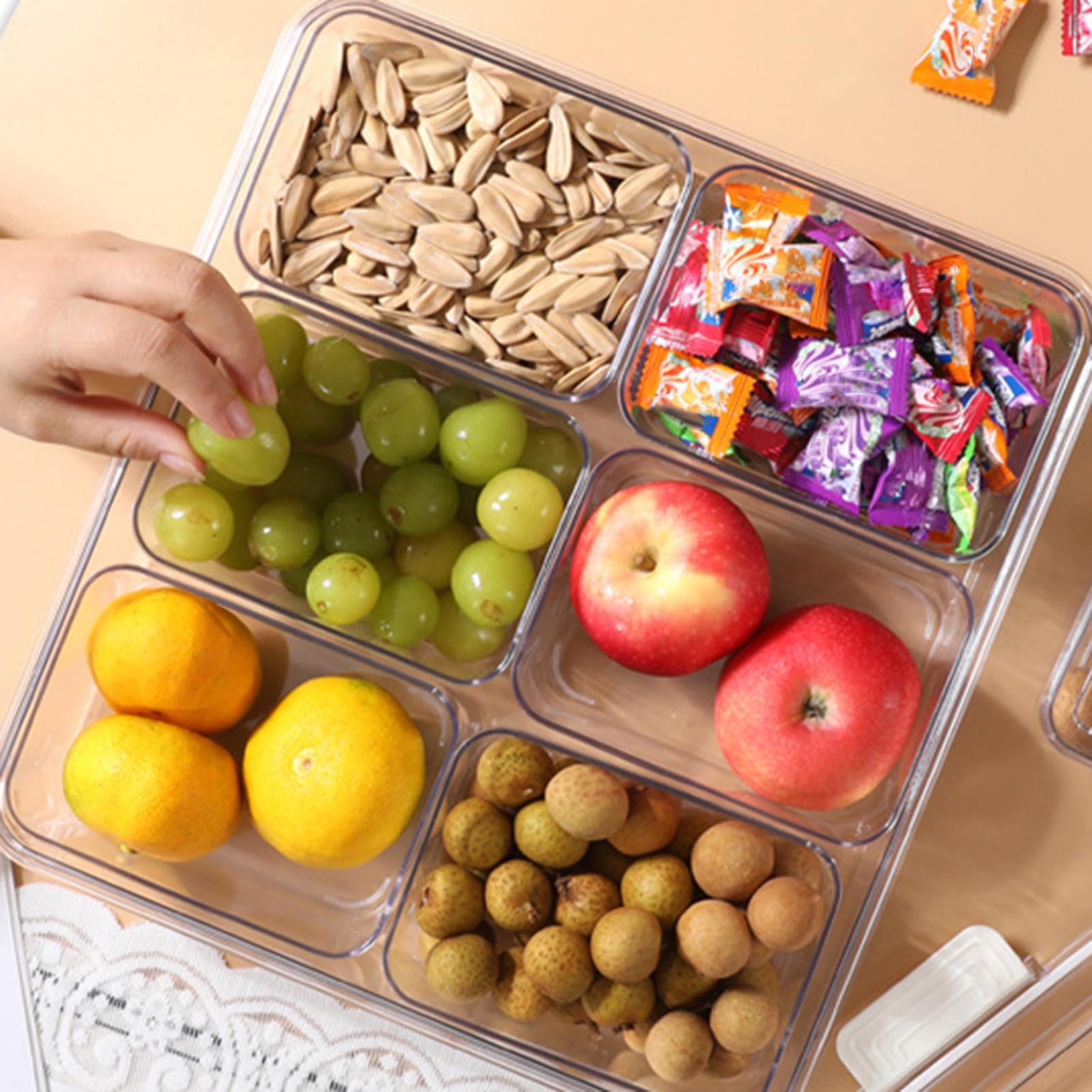 Plateau de service divisé avec couvercle – Organiseur de charcuterie avec 6 compartiments, carré de rangement des aliments, organisateur transparent pour collations, noix, bonbons