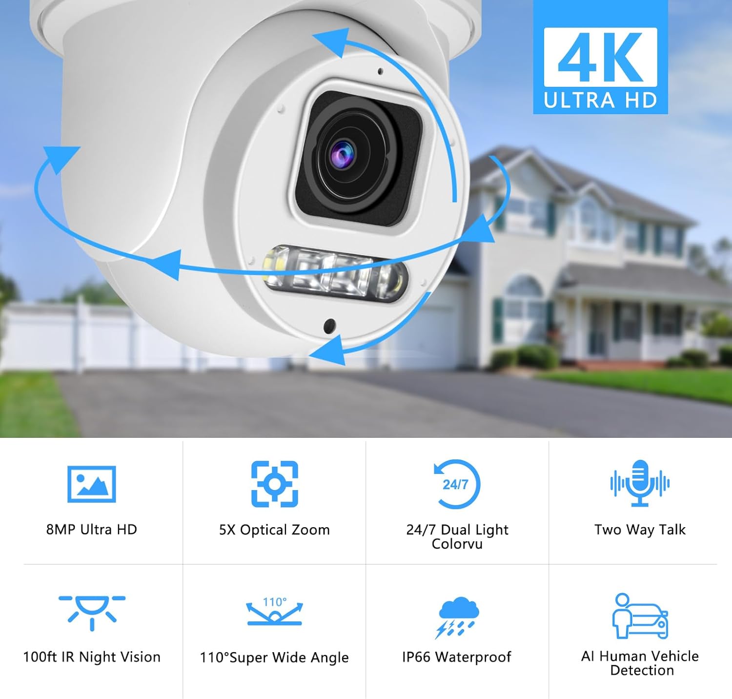 8MP IP PoE PTZ Dome Camera Outdoor, 4K PTZ IP Security Camera with 5X Optical Zoom, Pan 355° Tilt 90°, Two-Way Talk, H.265, SD Card Slot, 100ft IR Night Vision, Human/Vehicle Detection