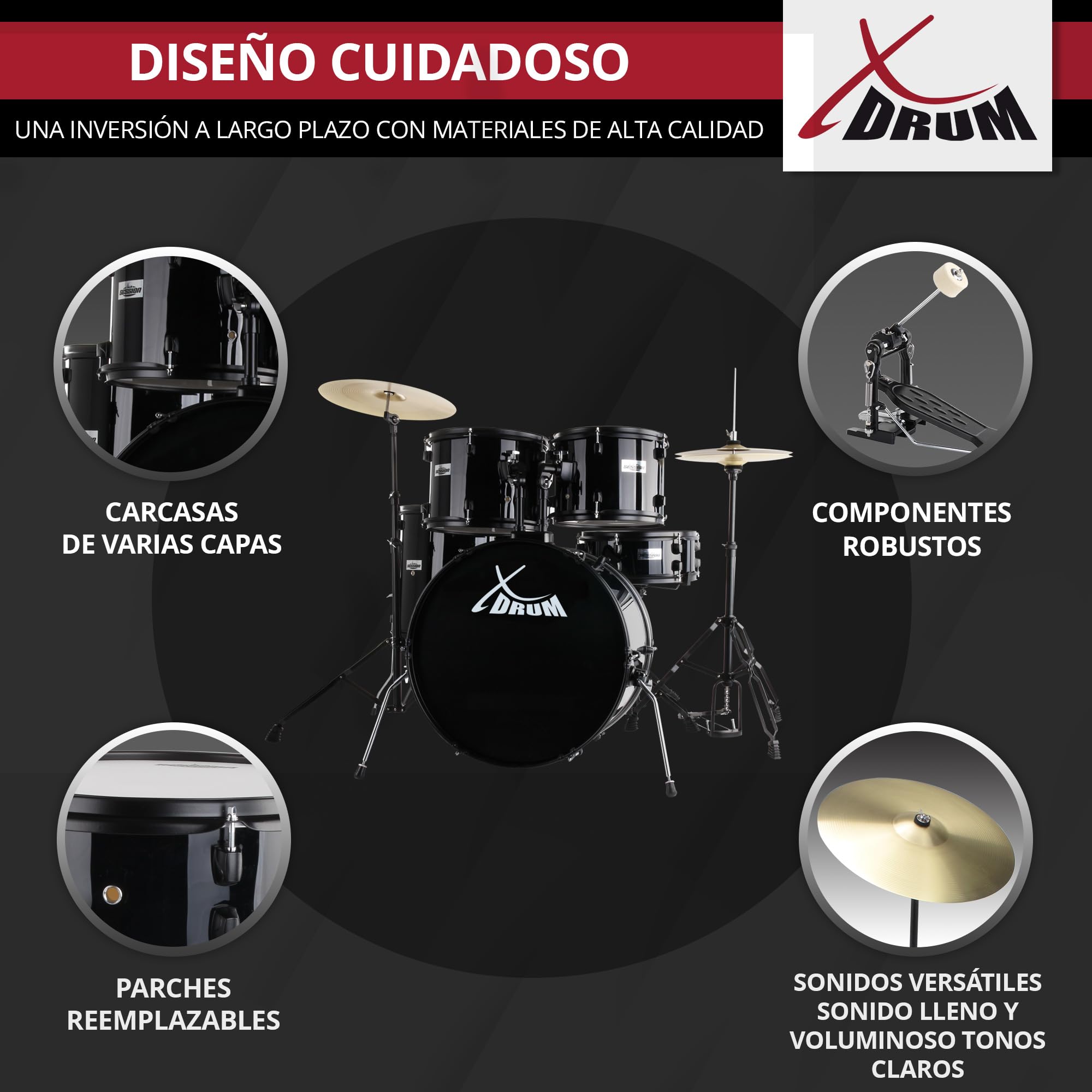 XDrum Rookie 22" Standard Set Completo de Batería Black - Ideal para Principiantes - Hardware Estilosa en negro - Incluye Baquetas 5B, Manual de Montaje y Escuela de Batería - Negro