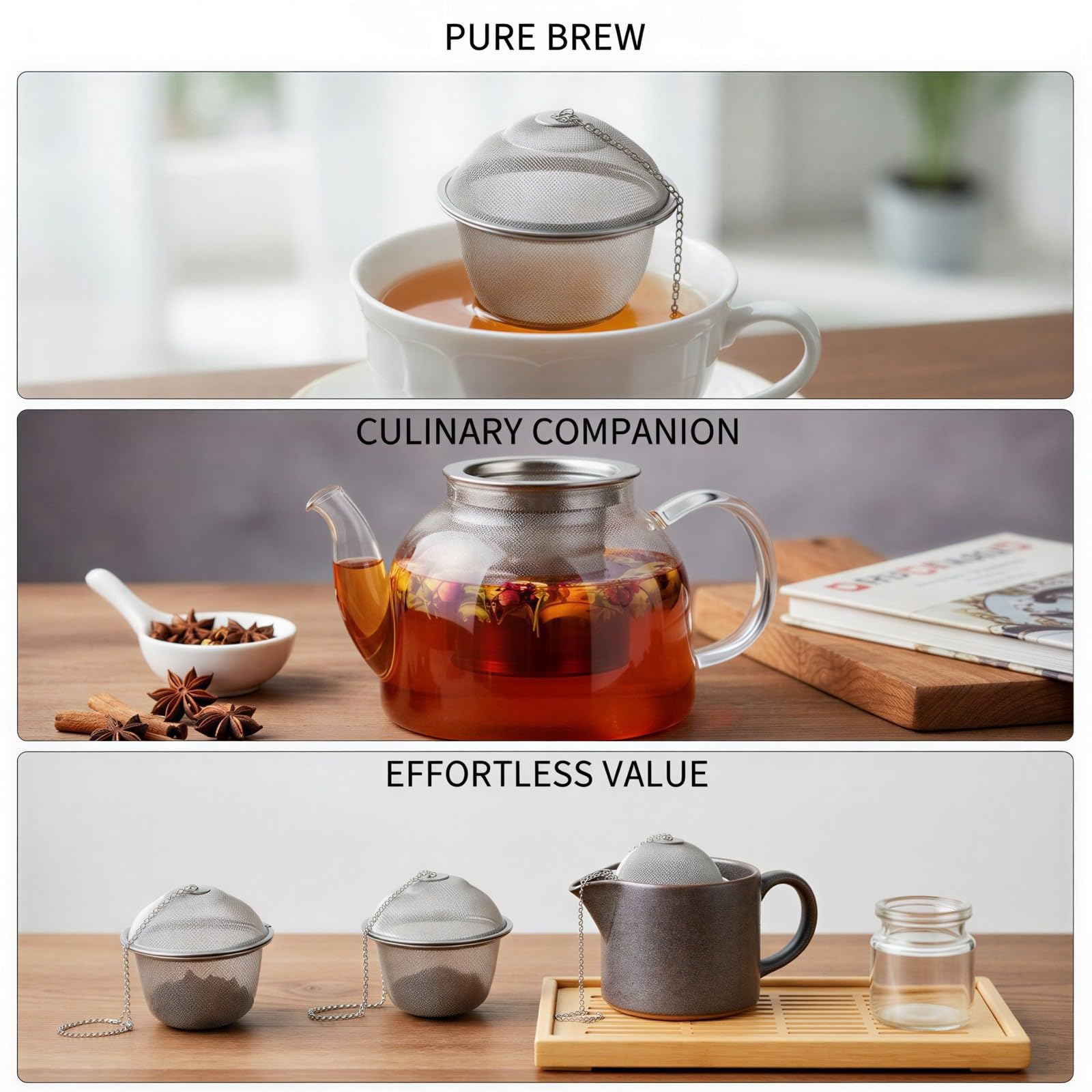 Lot de 3 infuseurs à thé en acier inoxydable, boule à maille fine avec chaîne et crochet, filtre compact et robuste pour thé en vrac, thé en feuilles, épices, herbes aromatiques, soupe