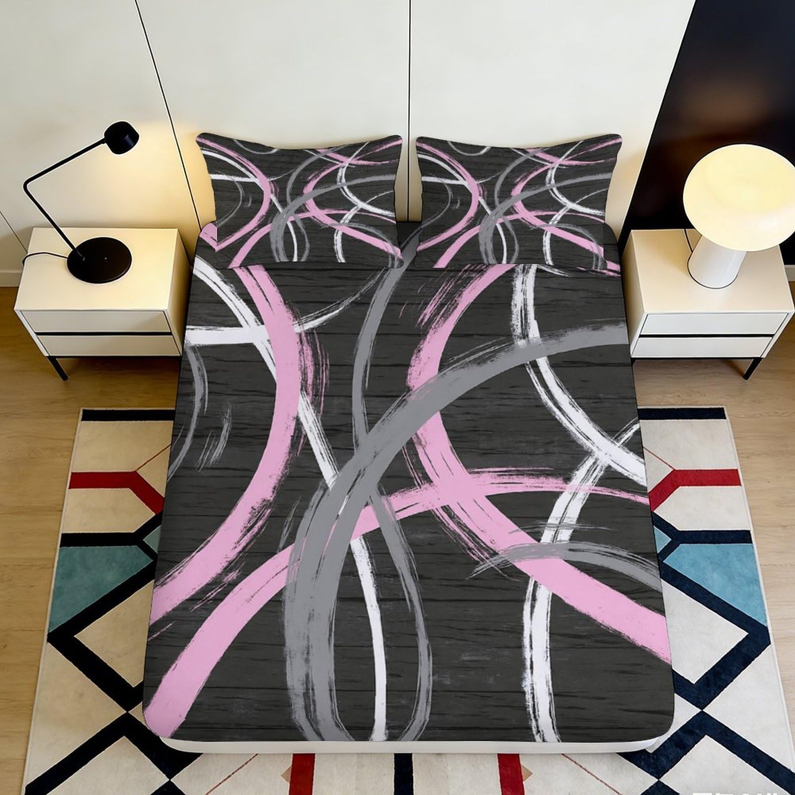Wtorimpel Style-2 3D Printed Abstract Line Fitted Sheet Microfiber Deep Pocket Bedroom Bedding Abstract Line Mattress Fitted Cover Washable Full Wrap 200X200x25cm