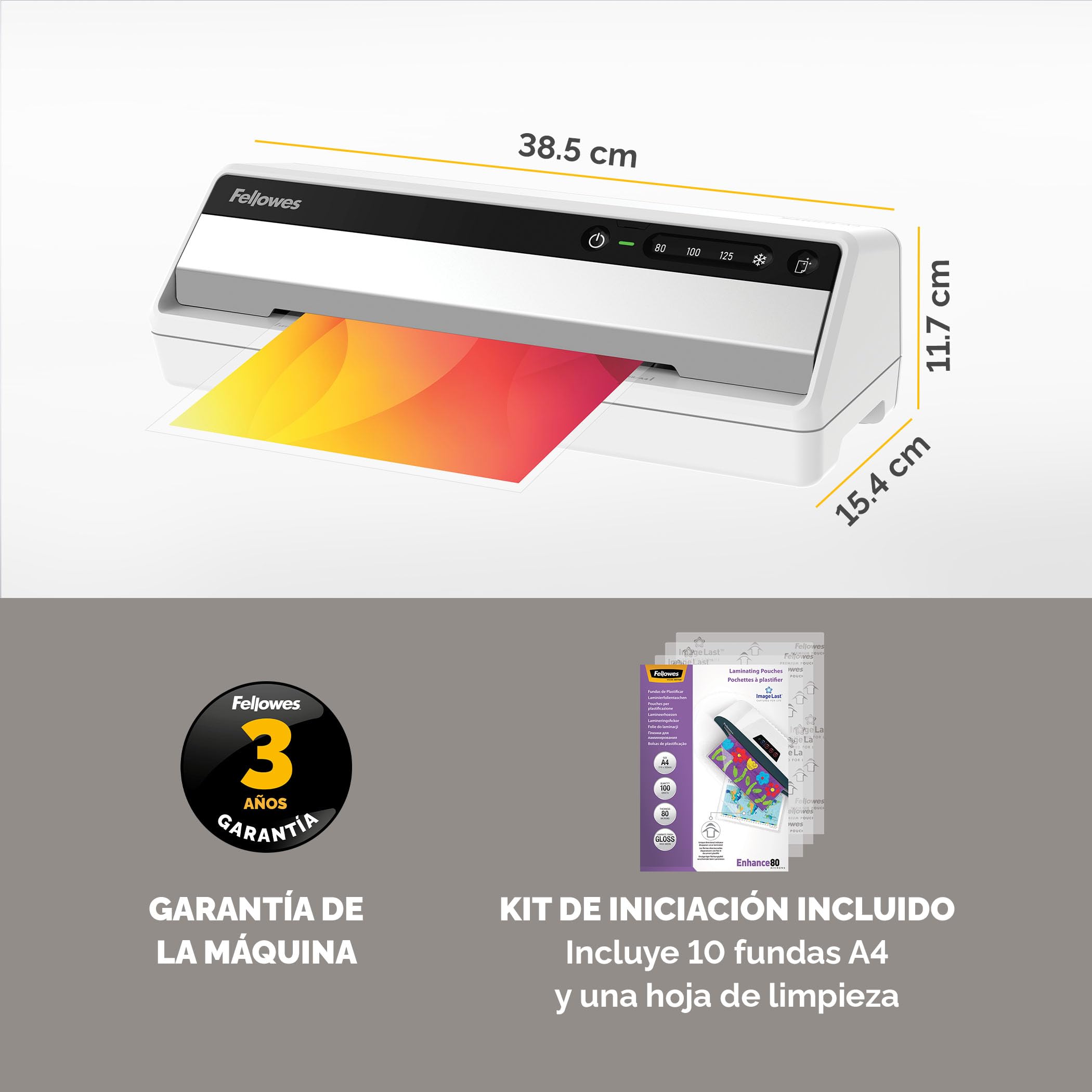 Fellowes Plastificadora Saturn A4 Pequeña Oficina – InstaHeat, lista en 60 segundos, sin atascos, apagado automático – Para fundas de 80/100/125 micras – Incluye 10 fundas – Uso en casa y oficina