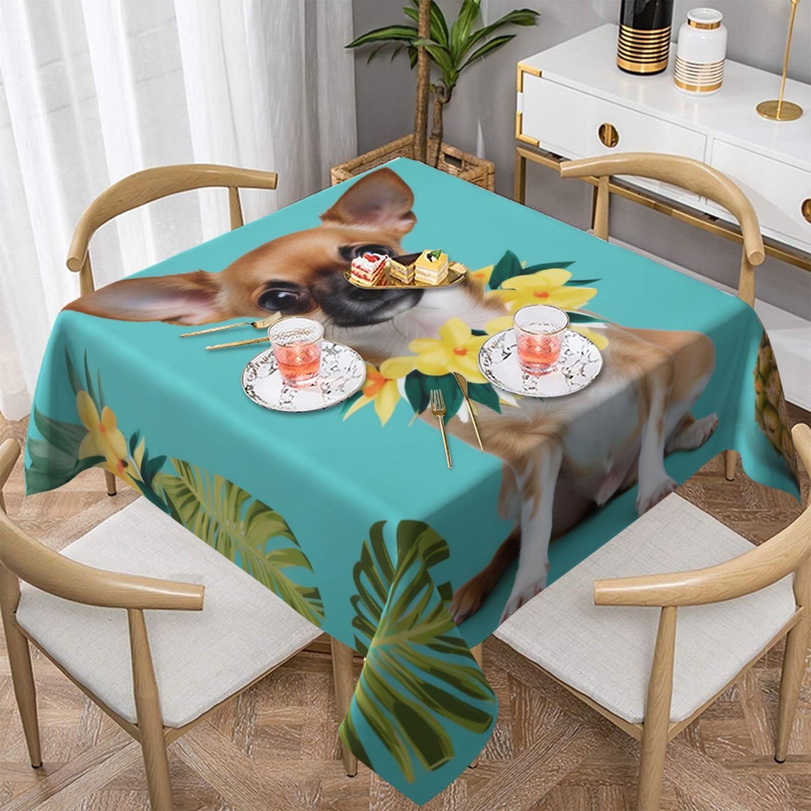 WPKJU Chihuahua Dog Pineapple Printed Square Tablecloth 60x60 inch Water Resistant Table Cover Washable Rectangle Table Cloth for Dining Tables