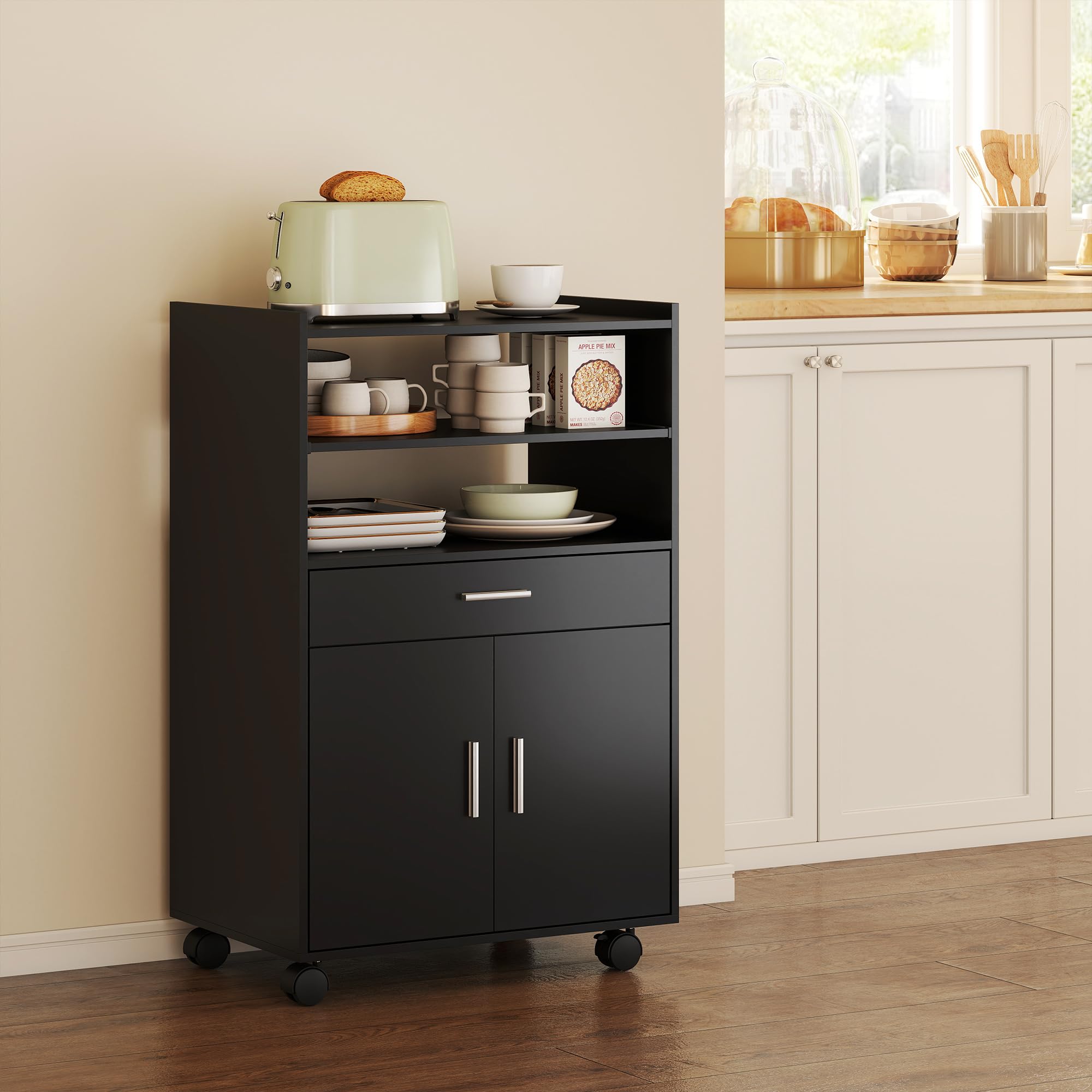 HOMCOM Chariot de Cuisine sur roulettes, 59 x 40 x 92 cm Noir | Desserte Micro-Onde avec Plan de Travail, Étagères Ouvertes, Tiroir, Placard, Meuble de Rangement pour Micro-Ondes