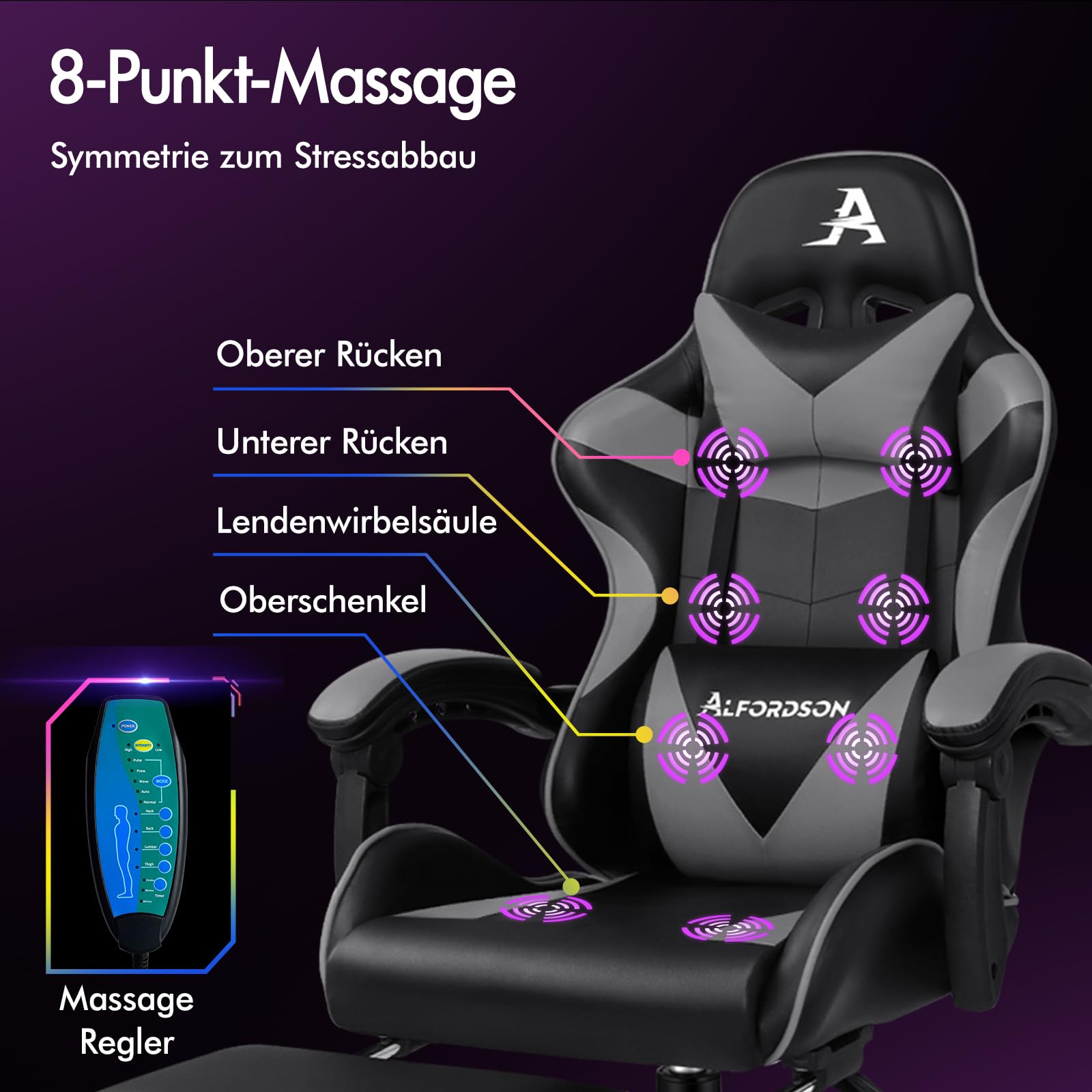 ALFORDSON Gaming Stuhl Massage Gamer Sessel, ergonomischer Bürostuhl, Schreibtischstuhl, Neigungswinkel 150°, höhenverstellbarer Computerstuhl, 180 kg bis, Einziehbare Fußstütze, PU-Leder, Grau