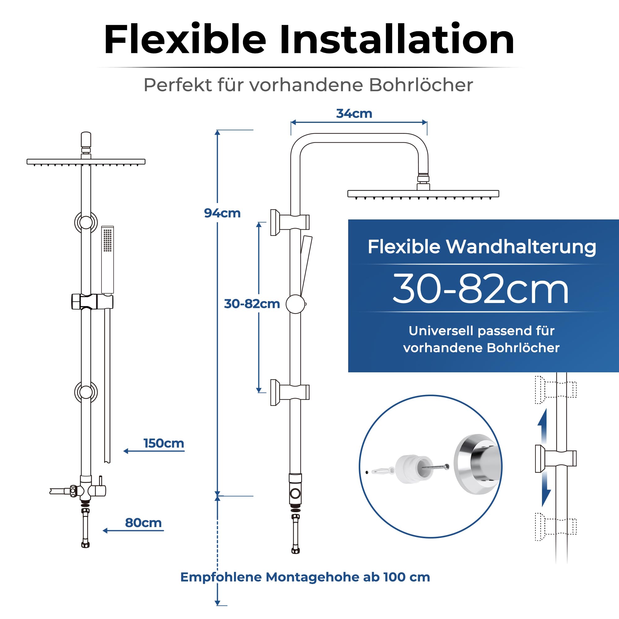 Görbach Regendusche Duschsystem ohne Armatur, Edelstahl Duschset mit Verstellbarer Duschstange, Kopfbrause 30x30 cm Chrom