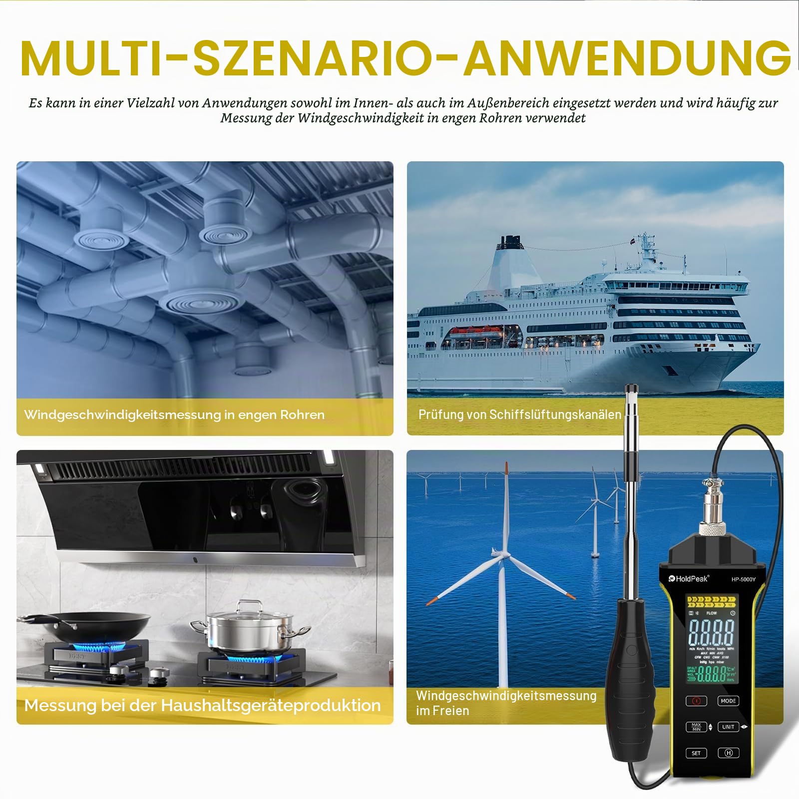HOLDPEAK Profi-Heißdraht-Anemometer – Präzises digitales Windgeschwindigkeits-Messgerät für CFM/CMM, mit Temperaturmessung, Teleskopsonde, beleuchtetem Display und USB-Datenexport