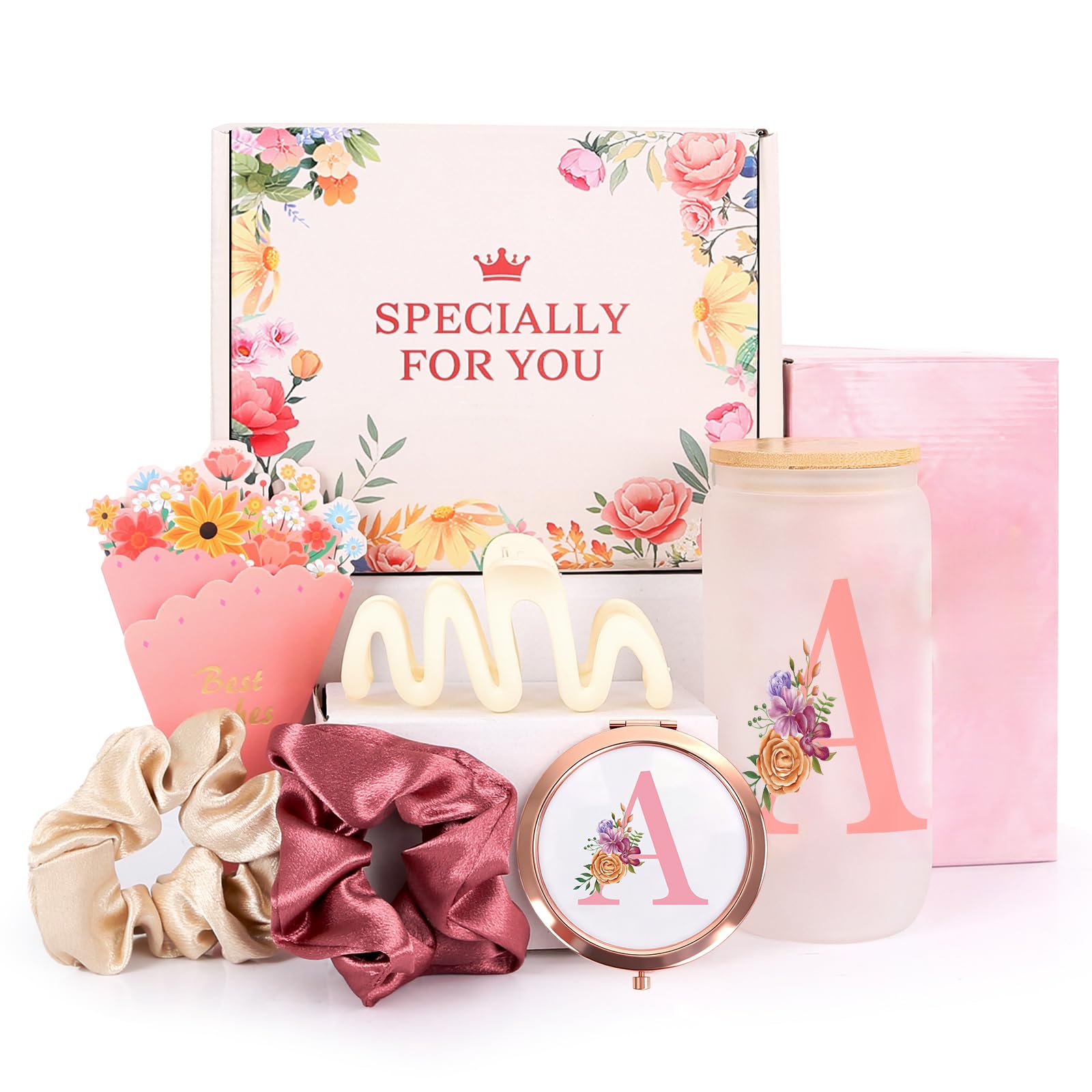 GooBird Personalised Monogrammed Gift Box for Women & Teen Girls–Pink Tumbler, Mirror & Hair Accessories Set, Initial A Gifts for Her, Sister, Daughter, Friends, Bridesmaid or Teacher