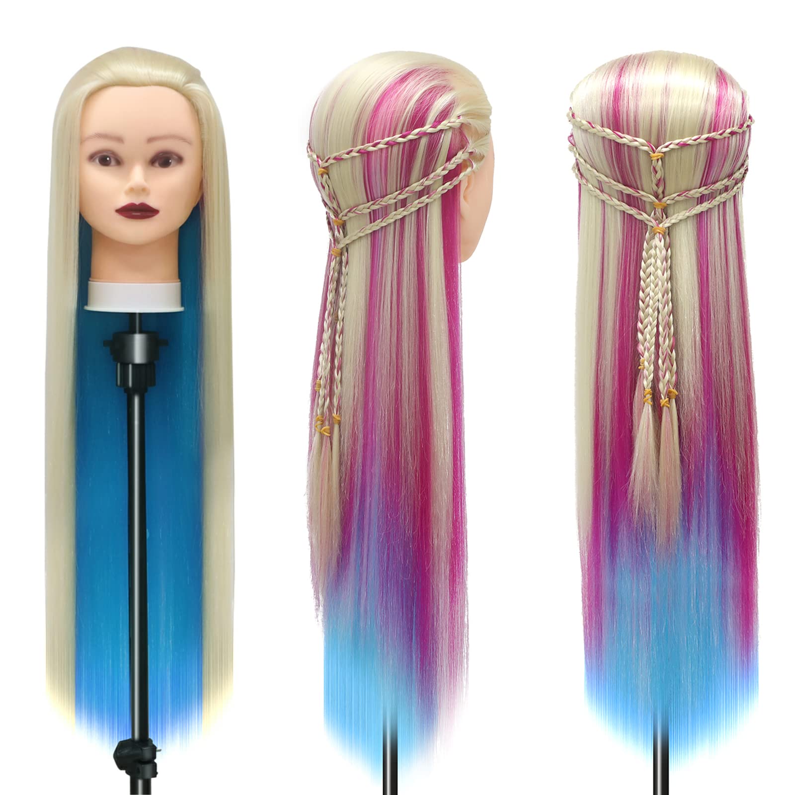 Testina Parrucchiere 28 Inch Capelli 100% Fibre Sintetiche con Morsetto Libero Arcobaleno