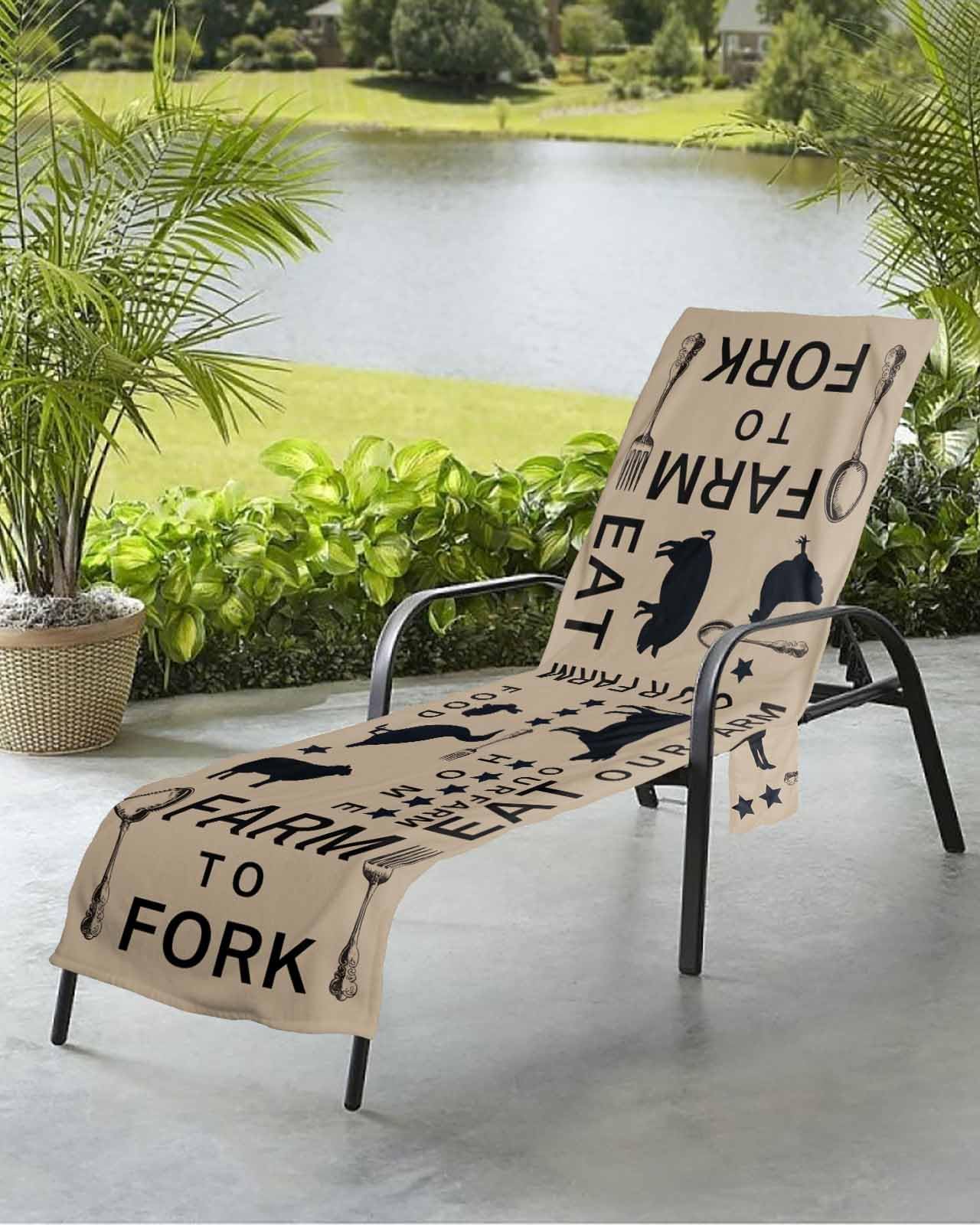 Farmhouse Brown Beach Chair Towel Covers for Chaise Lounge with Side Pocket, Soft Plush Pool Towels Cover for Patio Sunbathing Outdoor 29''x85'' Farm Star Fork Pig Chicken Duck Bunny Cow