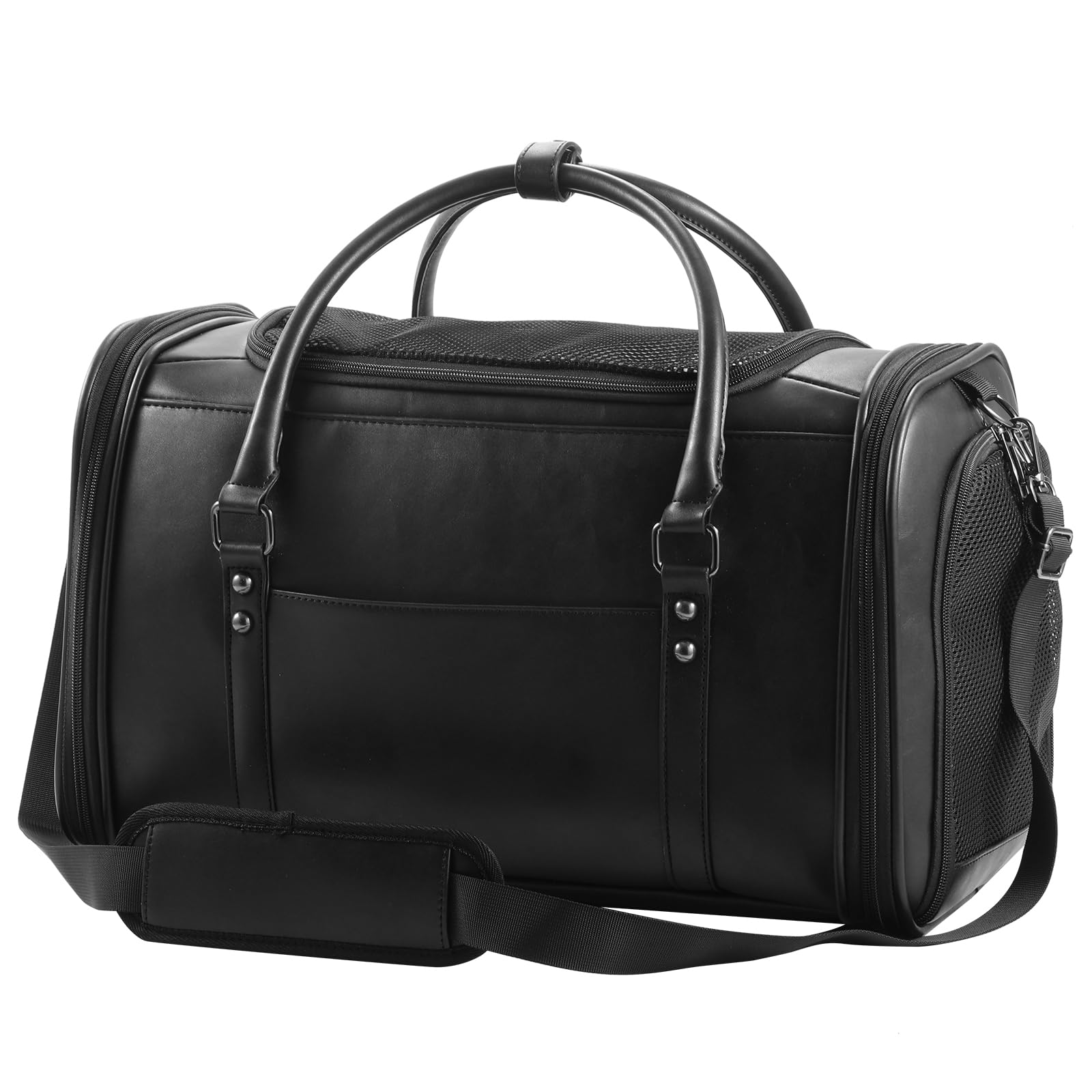 Stylish Leather Pet Carrier for Small Dogs and Cats Up to 15 lbs, Airline Approved Lightweight Travel Tote with Breathable Mesh and Shoulder Strap Black