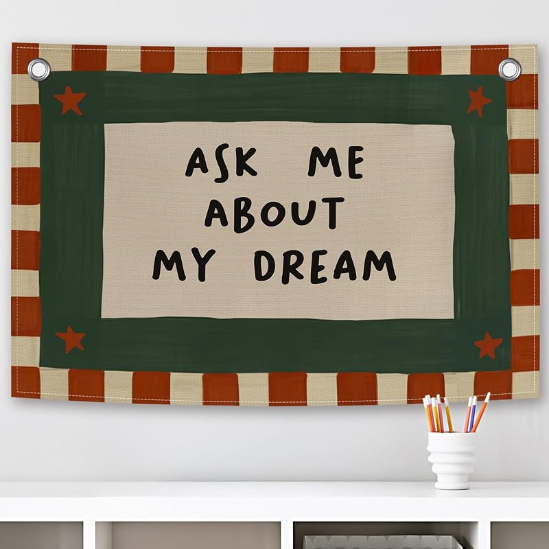 Lienzo retro para niños de guardería, decoración vintage para dormitorio, cartel de bandera colgante Ask Me About My Dream, tapiz de pared positivo de mediados de siglo para baby shower, sala de juegos, habitación infantil de 20.0 x 30.0 in