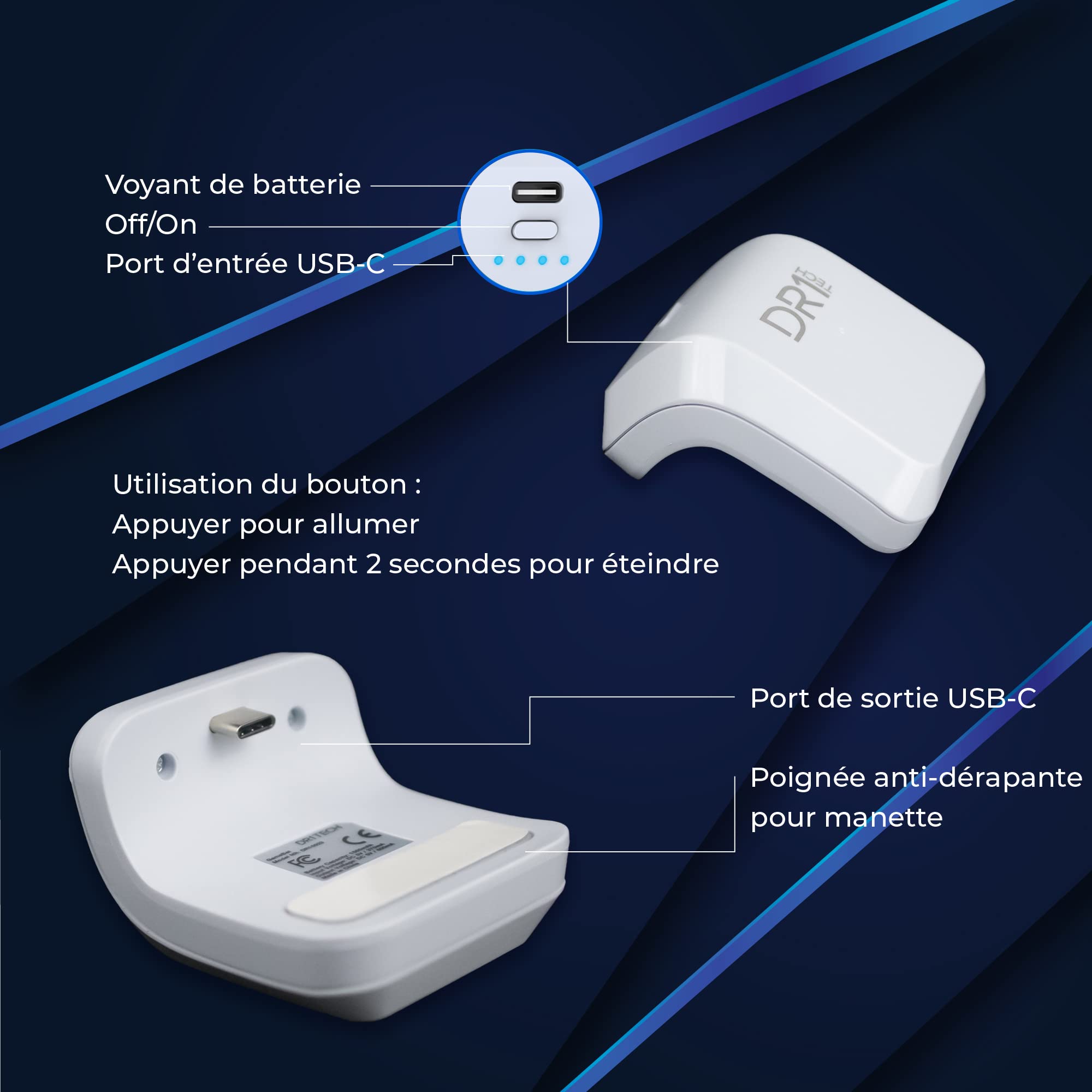 DR1TECH GameBat Batterie Pour Manette Dualsense PS5 1500 Mah Ergonomique [Blanc] | Double Ton Temps De Jeu | Accessoires Pour PS5