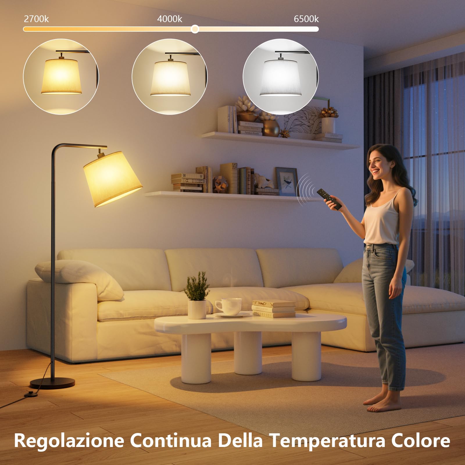 Lampada da Terra, Piantana Dimmerabile Moderna con Telecomando Magnetico, Lampada da Terra Salotto con Paralume in Lino Beige, Lampadina E27, per Soggiorno, Camera da Letto, Ufficio