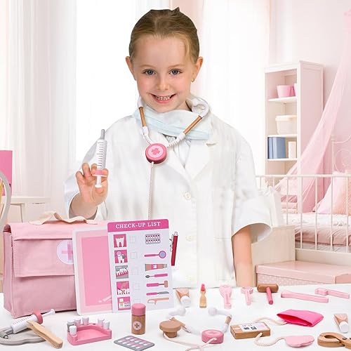 Miniatura 2 de Atoylink Kit médico para niños pequeños, juego de juguetes de simulación de dentista, 32 piezas de madera con disfraz y bolsa, dientes de simulación