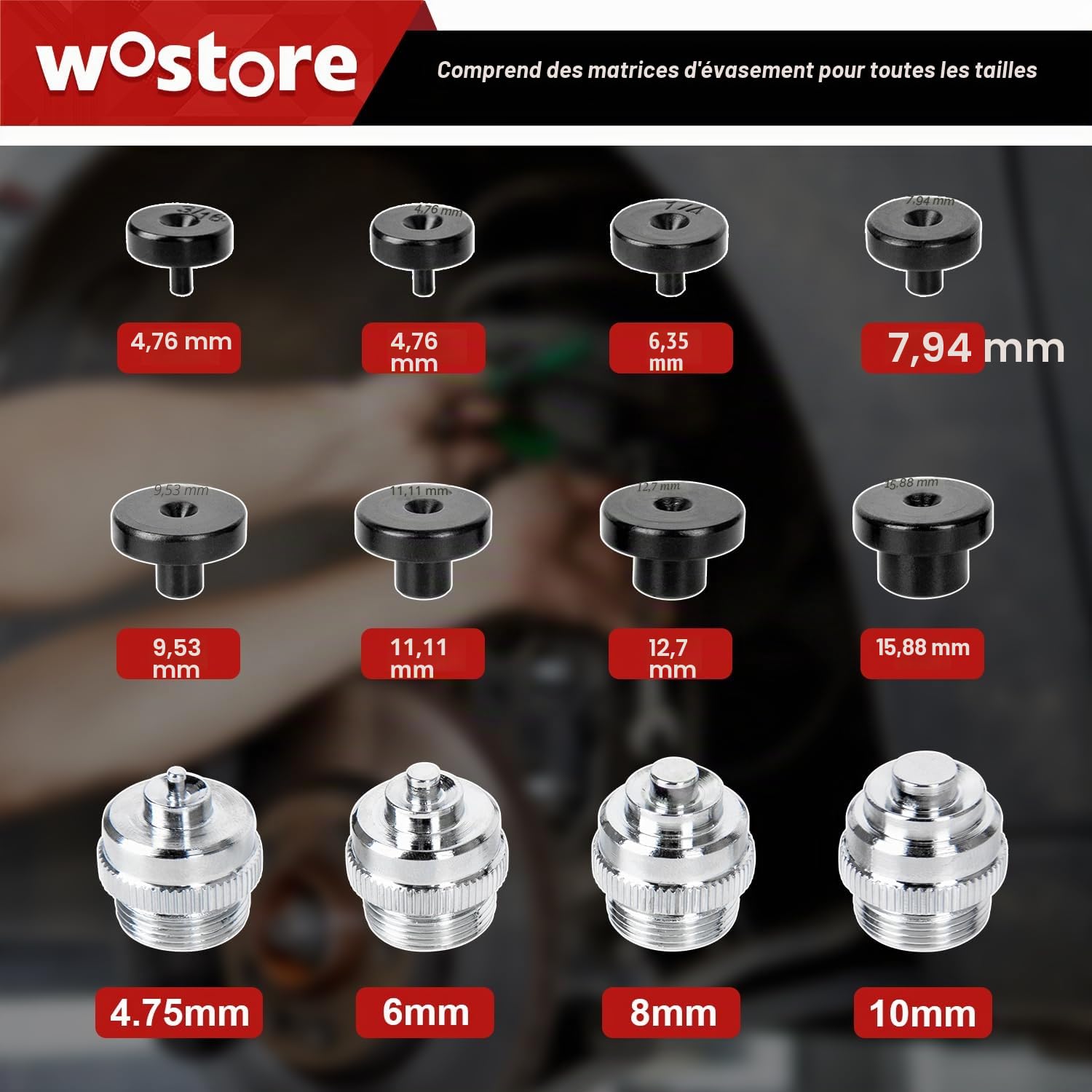 Wostore Kit d'évasement Professionnel pour Ligne de Frein Simple, Double (SAE) évasées et évasées à Bulles (ISO) avec Coupe-Tube, alésoir de Tuyau pour 3/16-5/8" 7 Tailles