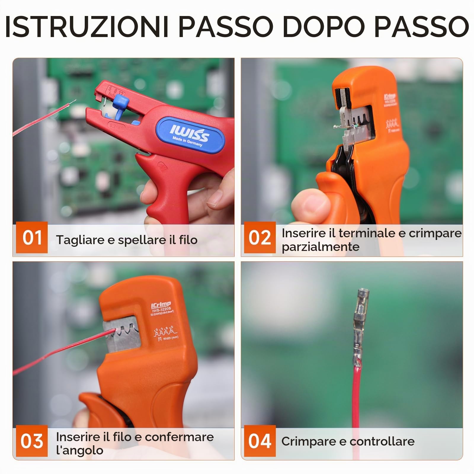 iCrimp - Pinza crimpatrice a barilotto aperto, 0,08-0,5 mm² (32-20 AWG) per micro connettori, pinza crimpatrice per JST Molex JAE, strumento di crimpatura di precisione per micro connettori