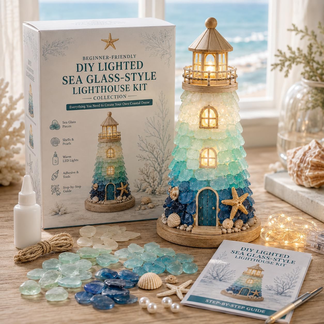 DIY Light‑Up Sea Glass Lighthouse Kit, Adult Beginner Coastal Craft