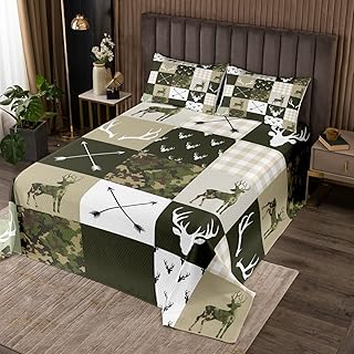 Camo Deer Antlers Kids Bedspread Twin Size,Animal Arrow Silhouette Coverlet Set,Girls Boys Adults Bedroom/Xmas Decor,Lattice Patchwork Quilted Coverlet,Boho Army Green Bedding Quilt,2pcs,1 Pillowcase