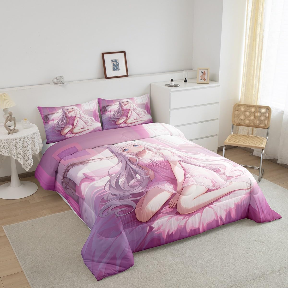 Erosebridal Queen Size Japanese Anime Comforter Set for Kids, Anime Girl Bedding Set Kawaii Japanese Style Quilt Cartoon Japan Animation Duvet Insert for Boys Teens Adult Women Bedroom, Pink
