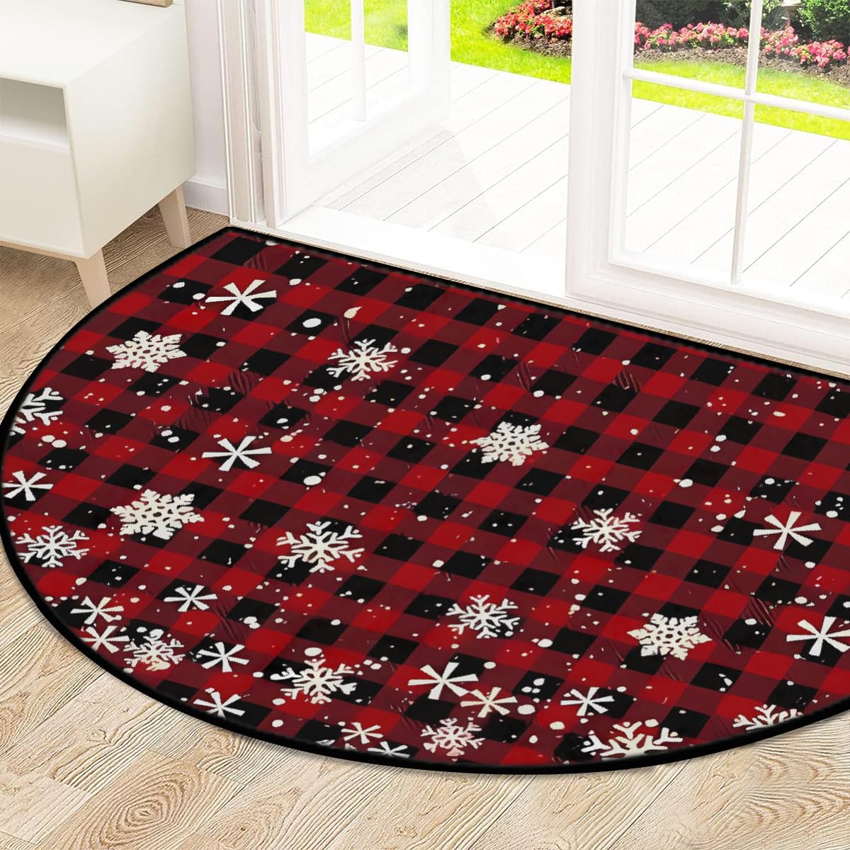 Mexpekil Paillasson de Noël en demi-lune pour intérieur et extérieur - Motif carreaux rouges - Demi cercle - Absorbant la saleté - 100 x 160 cm