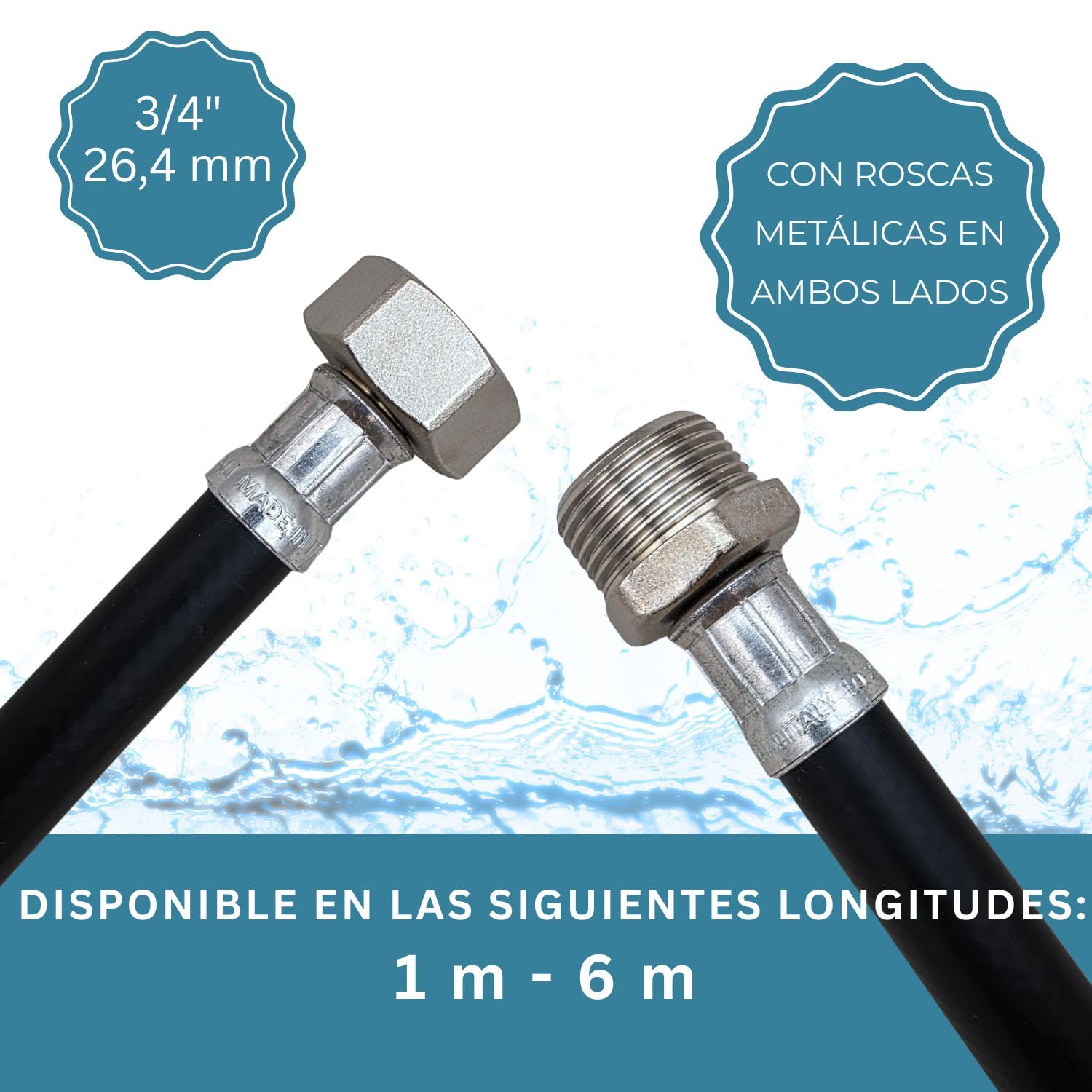 LICHTBLAU Aquastop - Alargador de agua caliente hasta +90° grados I 4 m I 3/4 pulgadas lavadora lavavajillas I 2727 I Manguera de agua caliente con rosca de metal I Incluye junta