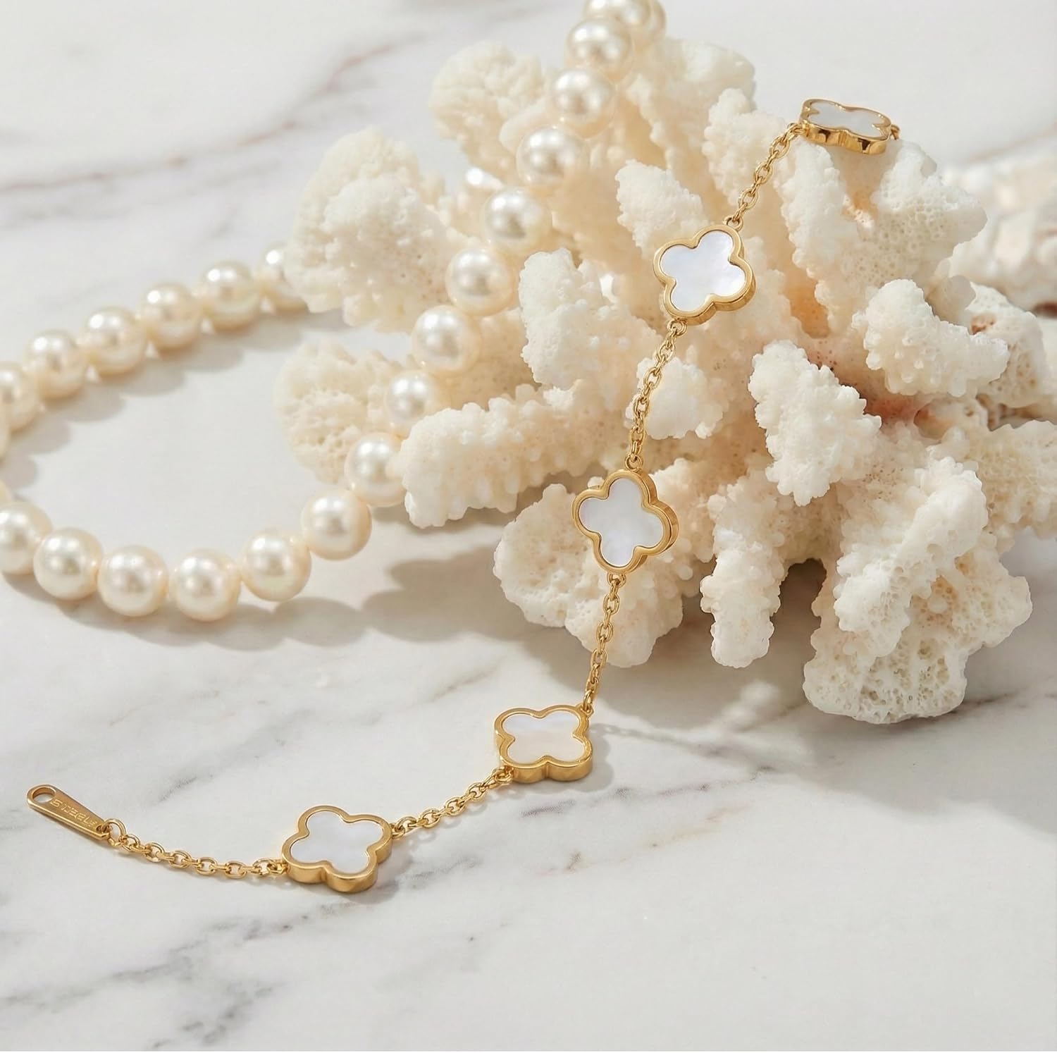 Four Leaf Clover Bracelets 18K Gold Plated Lucky Bracelet for Women Flower Leaf Link Lucky Bracelet Trendy Jewelry Gifts/Birthday Gifts for Women-2Pcs White/Black - Image 2