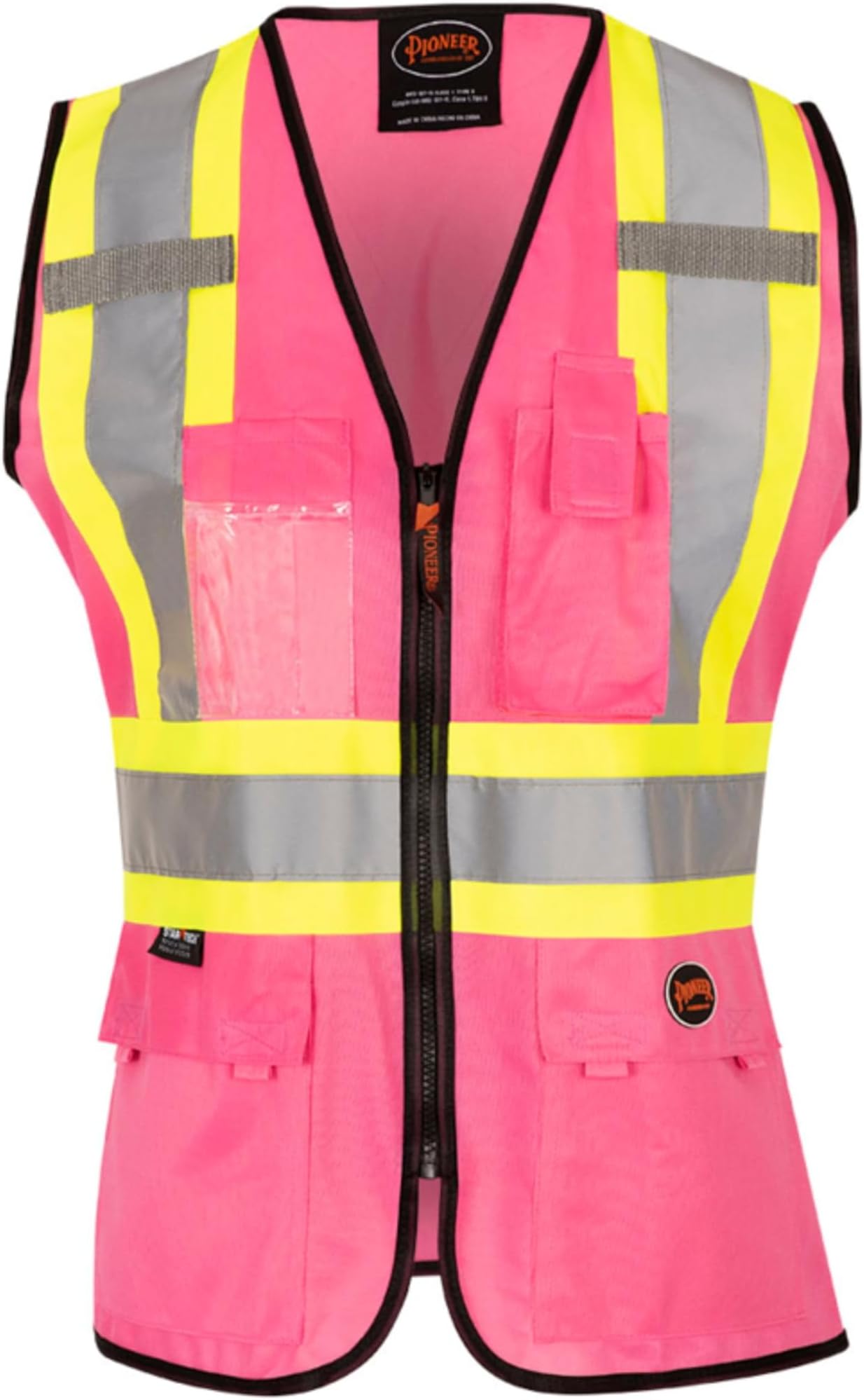Pioneer Safety Vest for Women With Pockets - Hi-Vis Class 1, Reflective Tape - For Construction - Pink