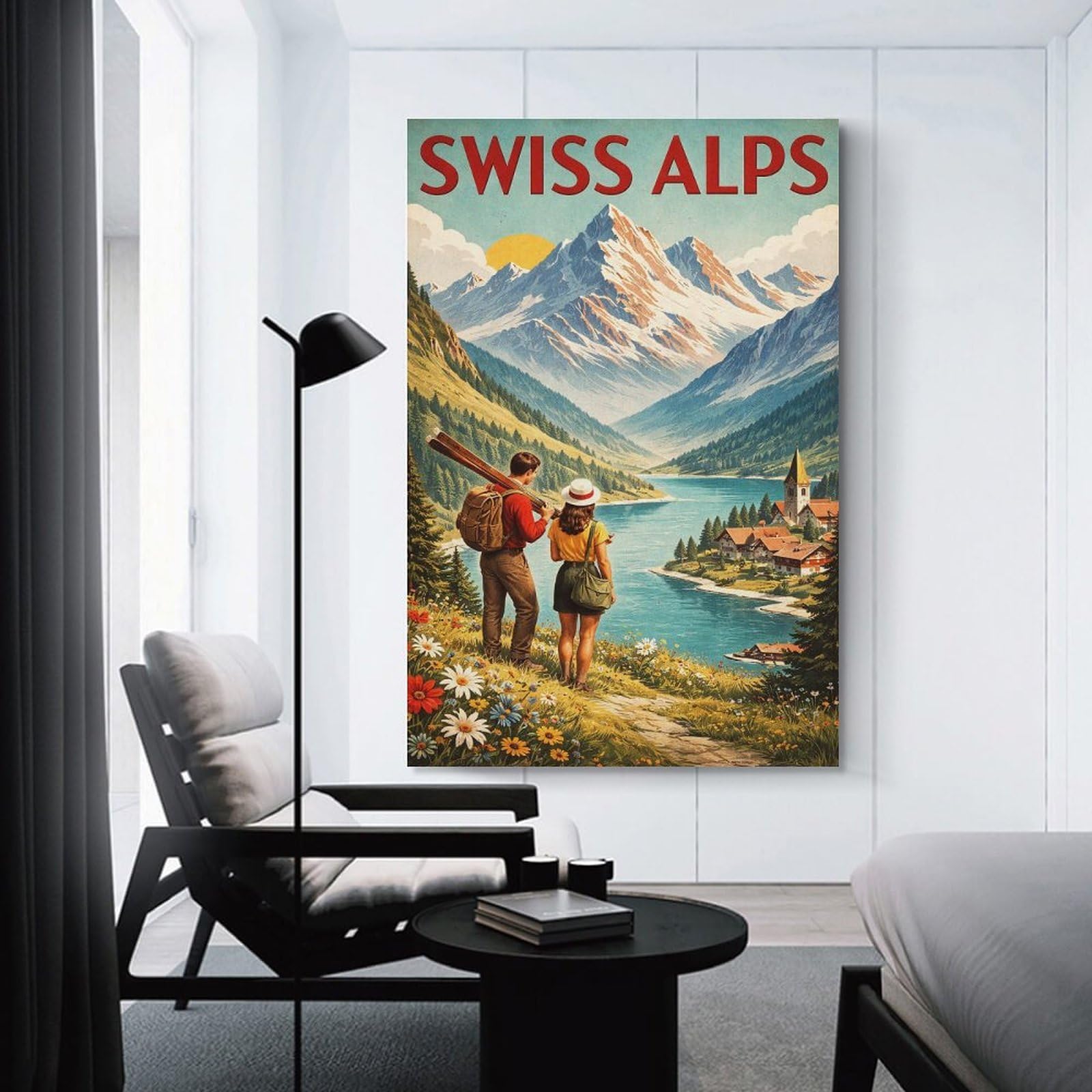 Junmoney Swiss Alps Vintage Travel Canvas Wall Art, 20x30inch(50x75cm), for Wall Displays, Bedrooms Or Room Updates, Ideal for Building A Coordinated Art Wall