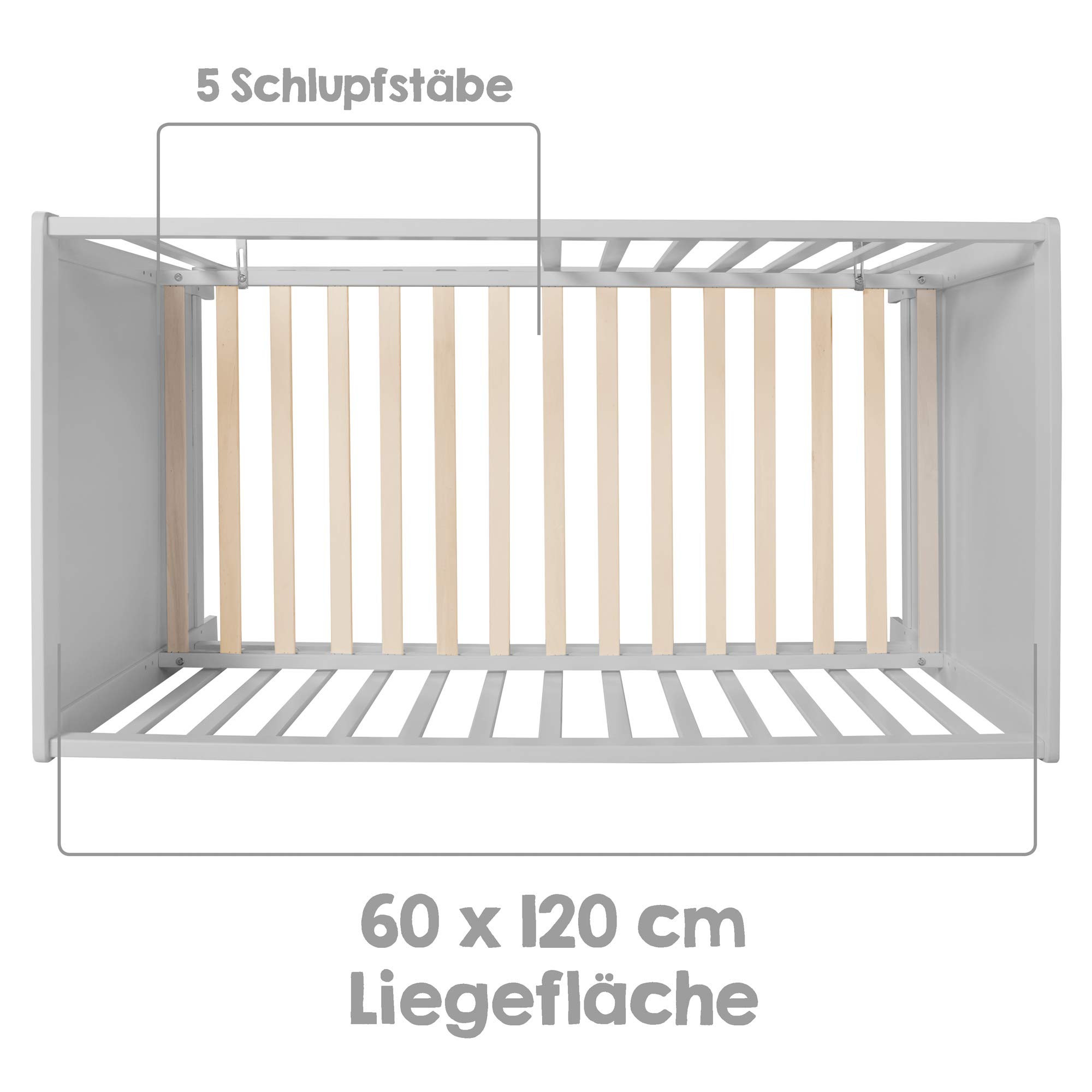 roba Zestaw pokoju dziecięcego 2-częściowy - Komoda z odpinanym blatem do przewijania & 2 szufladami + Łóżeczko dziecięce 60 x 120 cm z funkcją jako łóżko przyściennie - Drewno szare