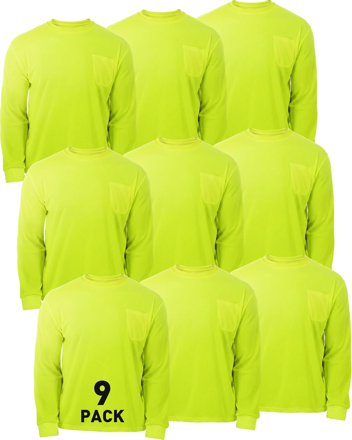 JaGely 9 Pcs High Visibility Safety Long Sleeve T-shirt Bulk Adult Safety Construction Shirts for Men with Chest Pocket