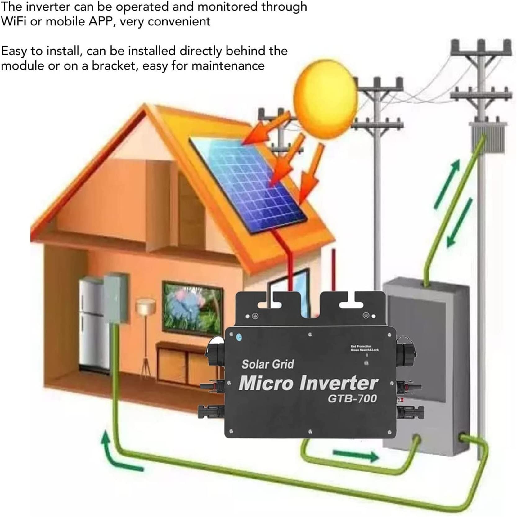 Micro Solar Inverter Grid Tied, WVC-400W, 600W, 700W, 800W MPPT Wodoodporny solarny inwerter sieciowy, sterowanie WIFI 120V 230V Autoidentyfikacja Mikroinwerter mocy,700W