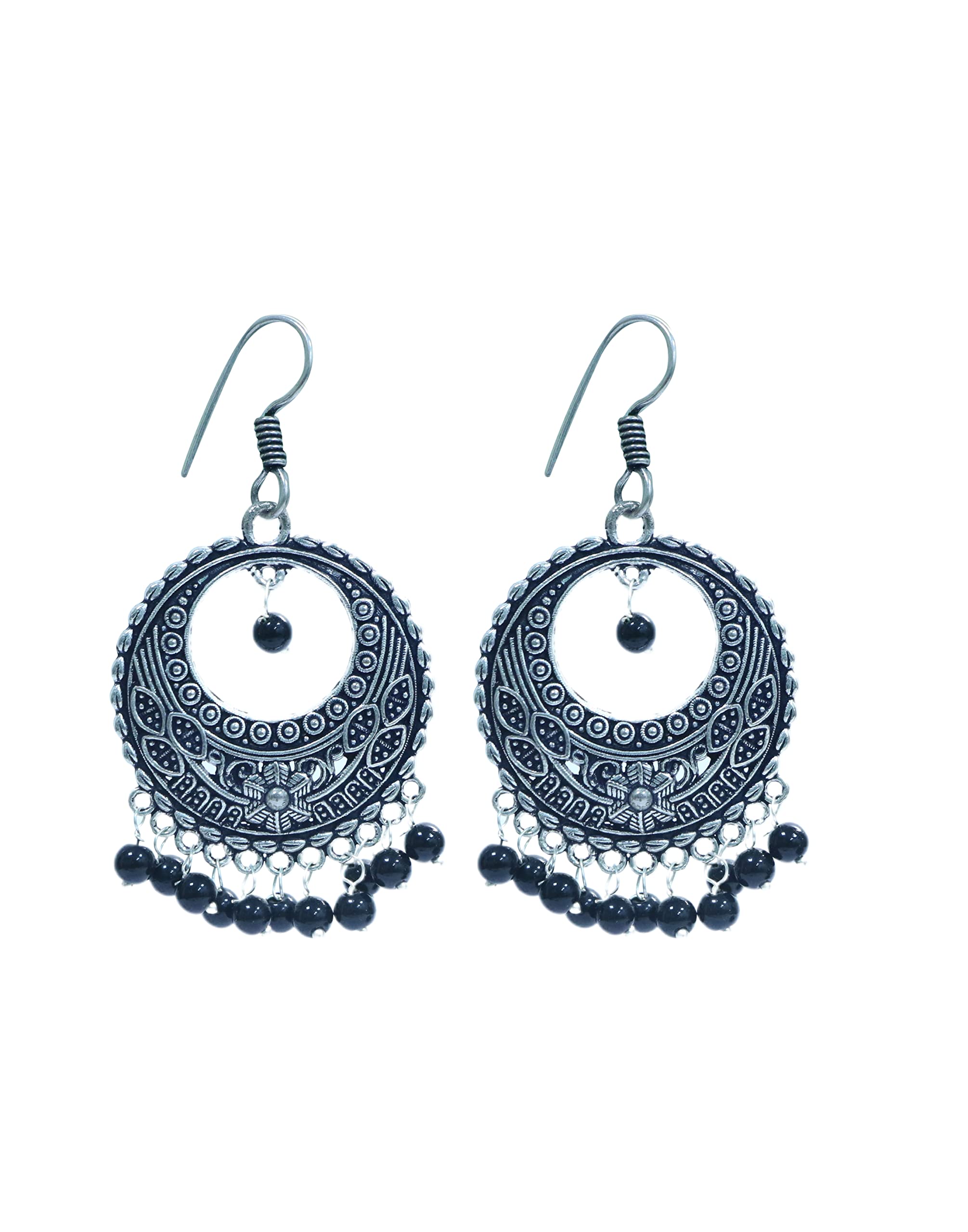 Abhooshan Silver Alloy Trendy Tribal Traditional Look Chand Bali Jhumkas in High Finish for Women and Girls Stylish Latest Boho Look (Contemporary Chand Bali With Black Beads) (B0C2VK4YLB) Amazon Price History, Amazon Price Tracker