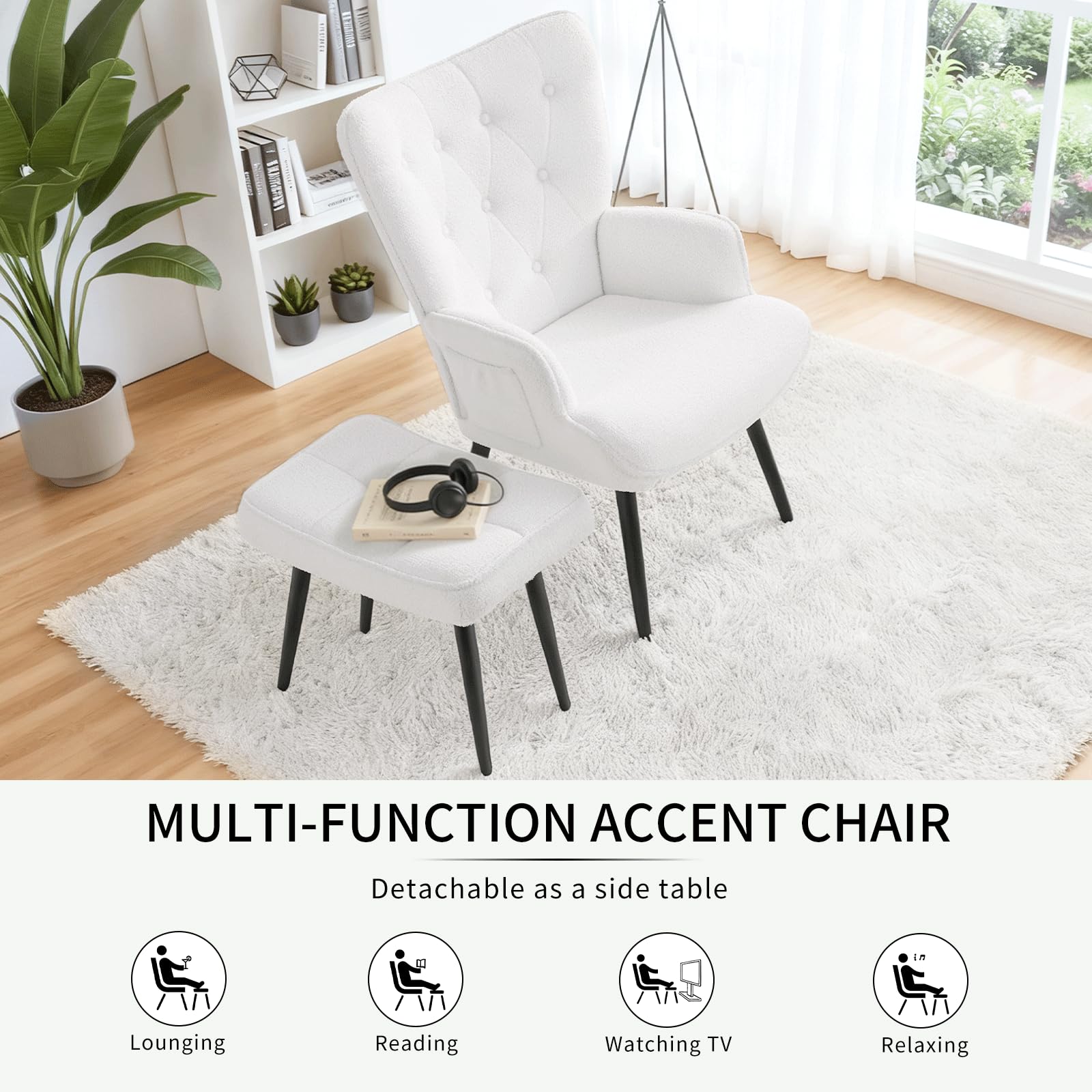 CLEVICH Ohrensessel - Gemütlicher Loungesessel mit Hocker, Lesesesselaus, Teddystoff Armchair für Wohnzimmer & Schlafzimmer - Bis 168kg, Weiß