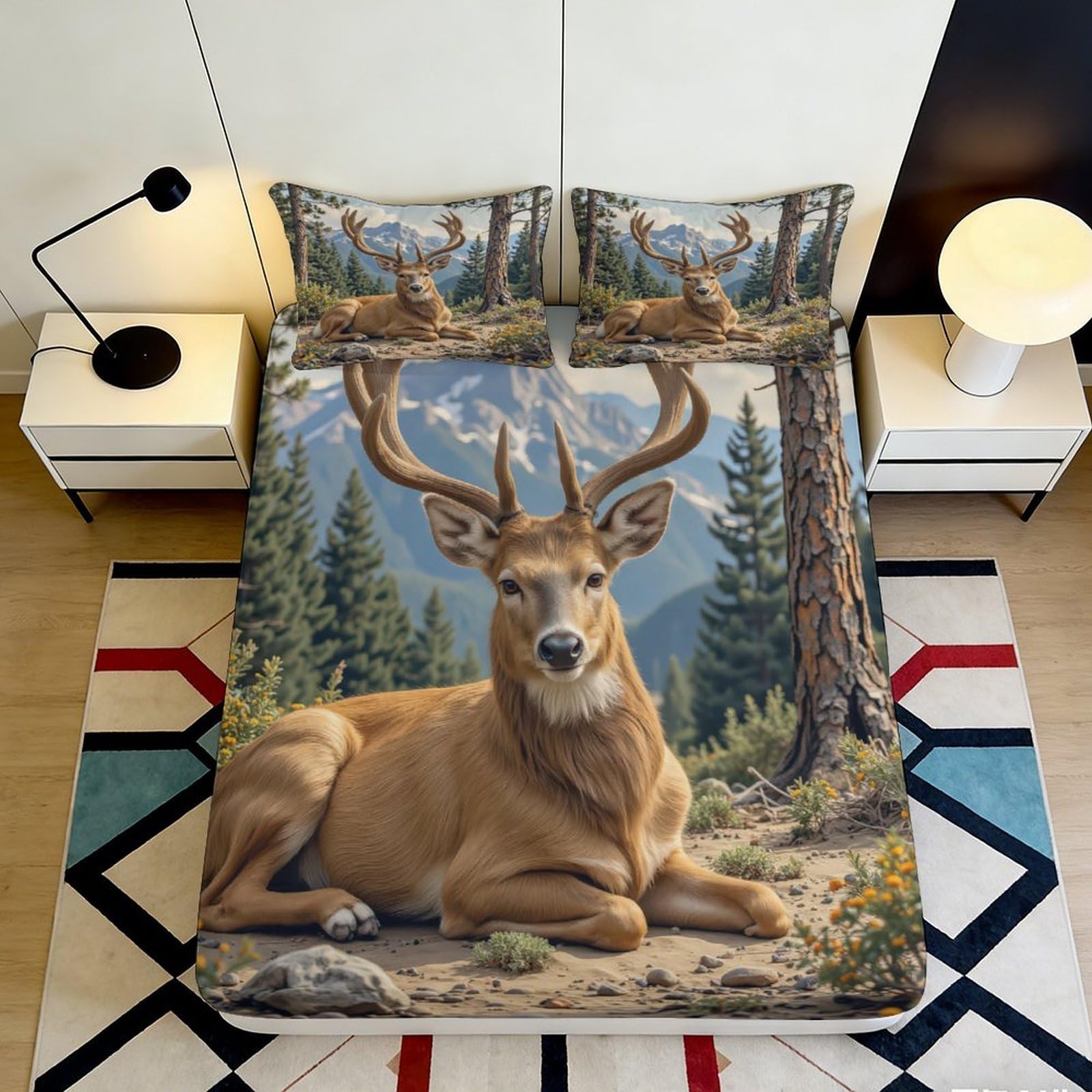 3D Printed Deer Forest Fitted Sheet Microfiber Soft Breathable Mountain Elk Mattress Cover for Bedroom Dorm Decor 90x200x25cm