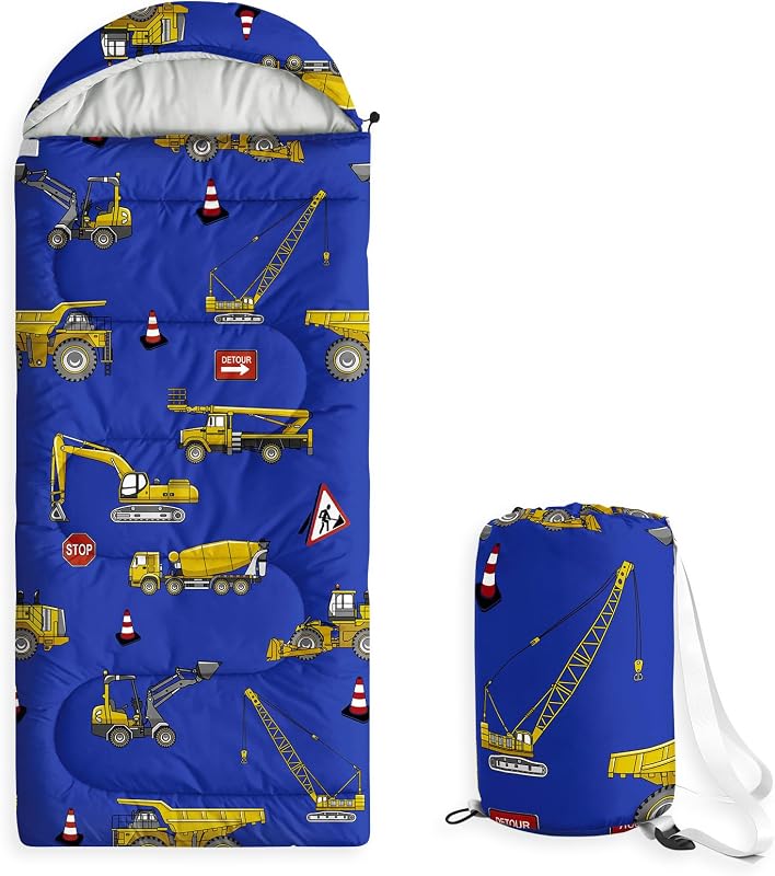 Saco de dormir infantil para niños pequeños, camping en climas cálidos y fríos, mochila ligera, forro compacto para exteriores para 3 estaciones, verano, primavera, otoño, excavadora, azul
