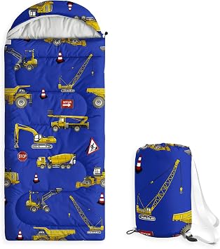 Wake In Cloud - Kids Sleeping Bag for Boys Toddlers, Camping in Warm Cold Weather, Backpacking Lightweight Compact Outdoor Liner for 3 Seasons Summer Spring Fall, Excavator Blue