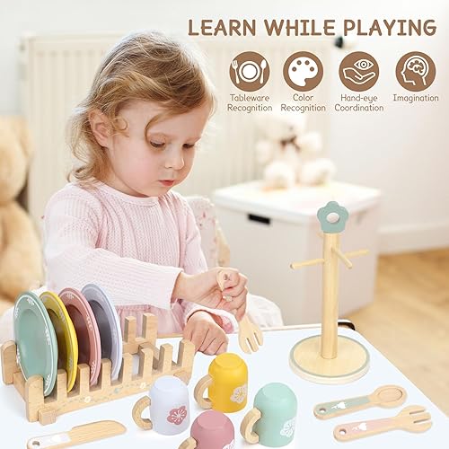 Miniatura 7 de Juego de cocina de 20 piezas con platos y platos de juguete de madera, juguetes de cocina Montessori para niñas y niños, accesorios de cocina de