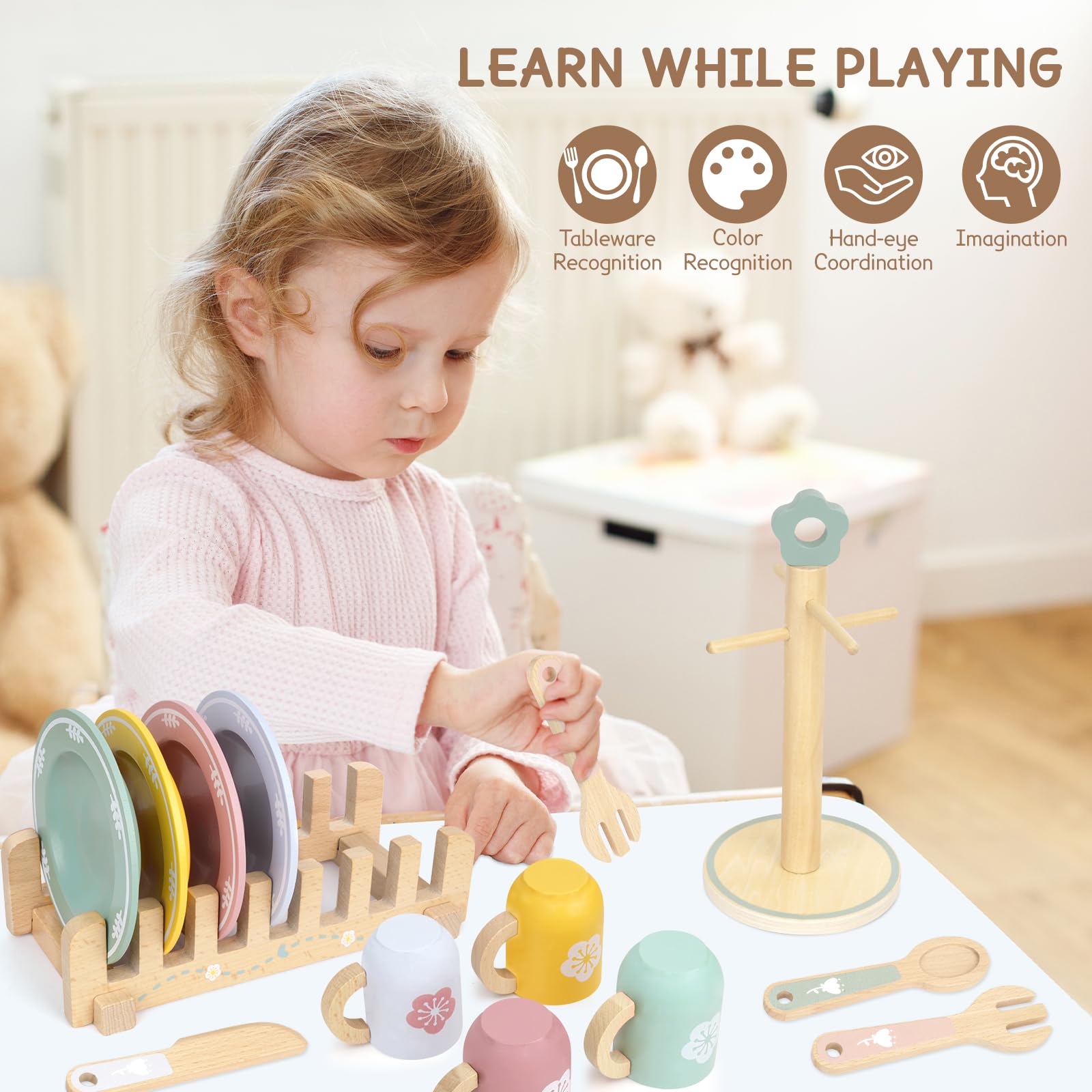 Montessori naczynia kuchenne dla dzieci, drewniane, 29 szt., filiżankami, talerzami, akcesoria kuchenne do zabawy, zastawa do herbaty, akcesoria kuchenne, prezent dla dziewcząt