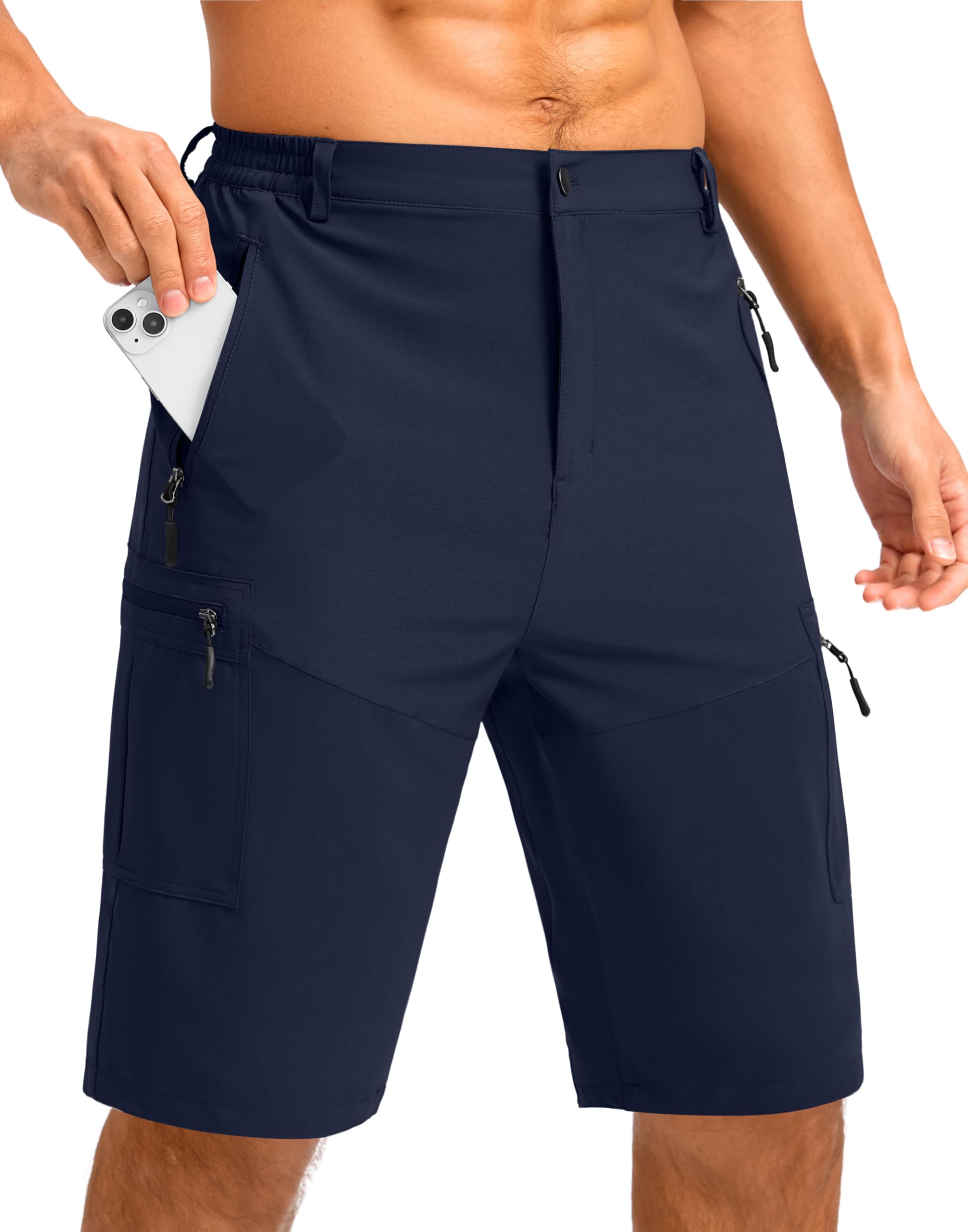Pudolla Men's Hiking Cargo Shorts 9"/7"/11" Lightweight Outdoor Shorts for Men Trip Golf Camping Casual with 5 Zipper Pockets 11" Inseam Large Navy