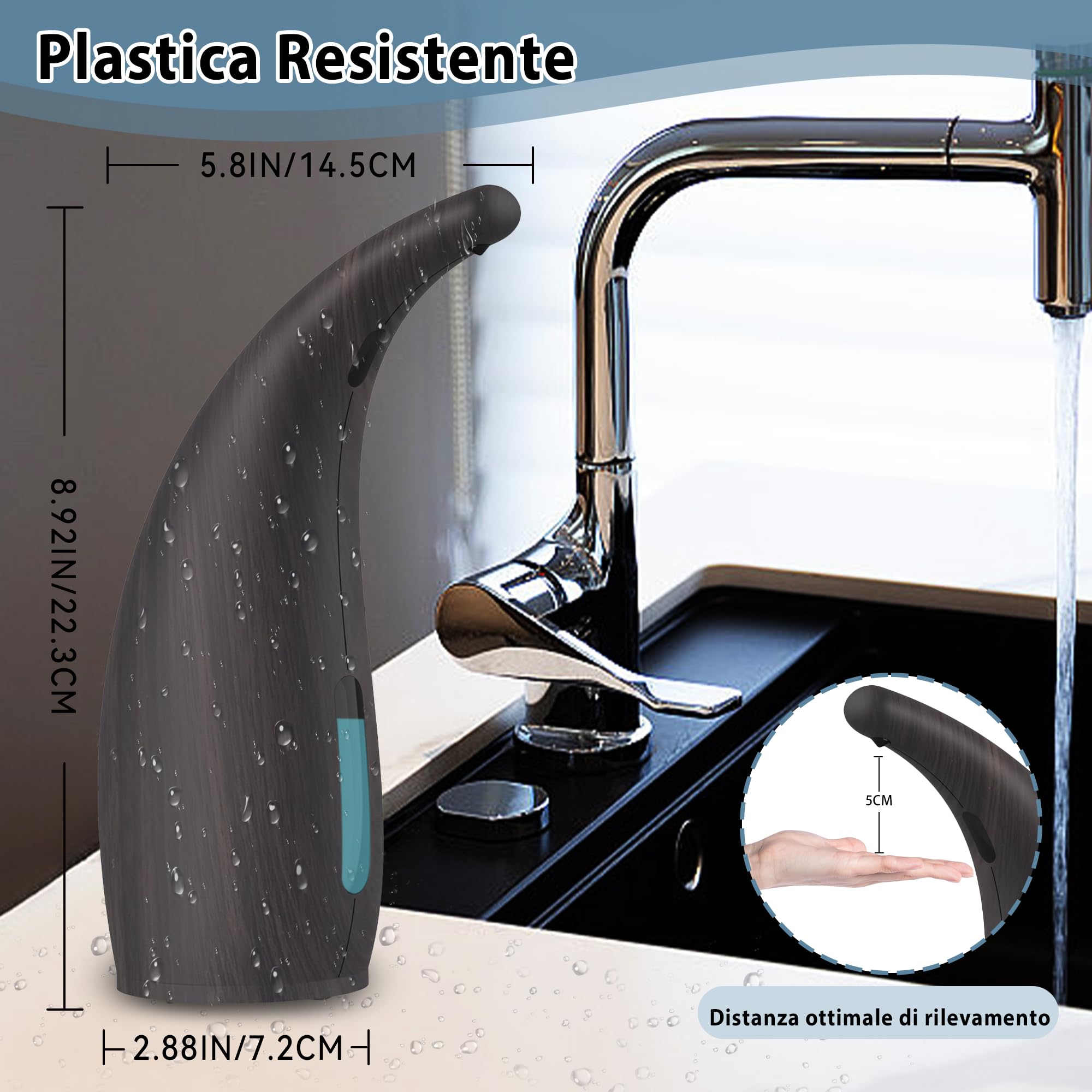 XZUO Dispenser Sapone Automatico, 300ml Dispensatore Sapone Senza Contatto con Sensore a Infrarossi, 4 Livelli Regolabili, Alimentato a Batterie, per Bagno Cucina Scuola Hotel