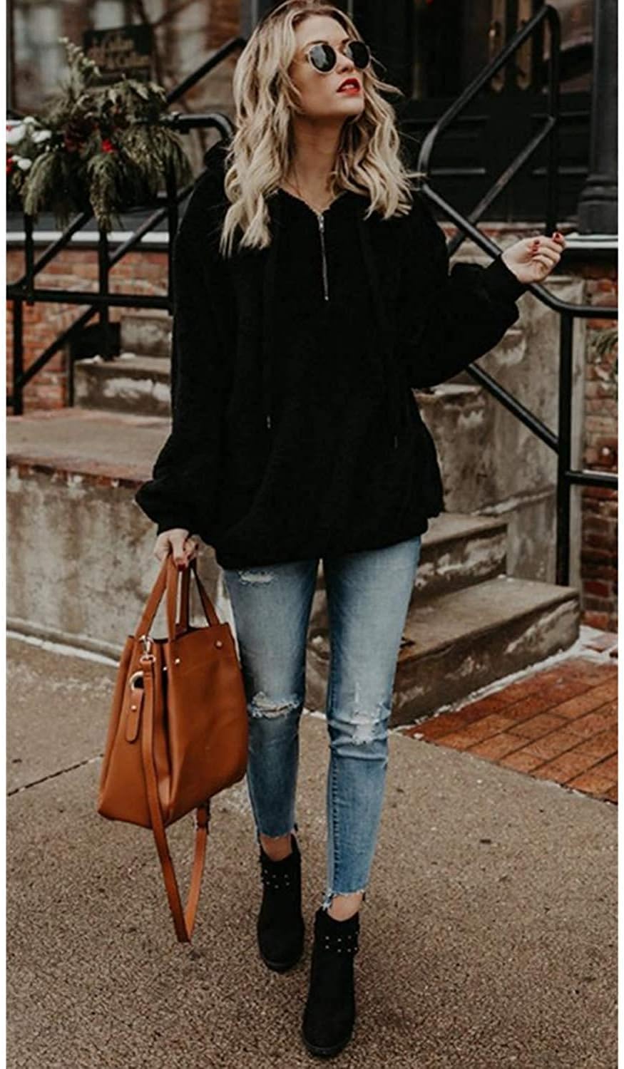 ReachMe Womens Oversized Sherpa Pullover Hoodies with Pockets Fuzzy Fleece Sweatshirt Plaid Fluffy Jacket Coat(A Black,XL) - Image 3