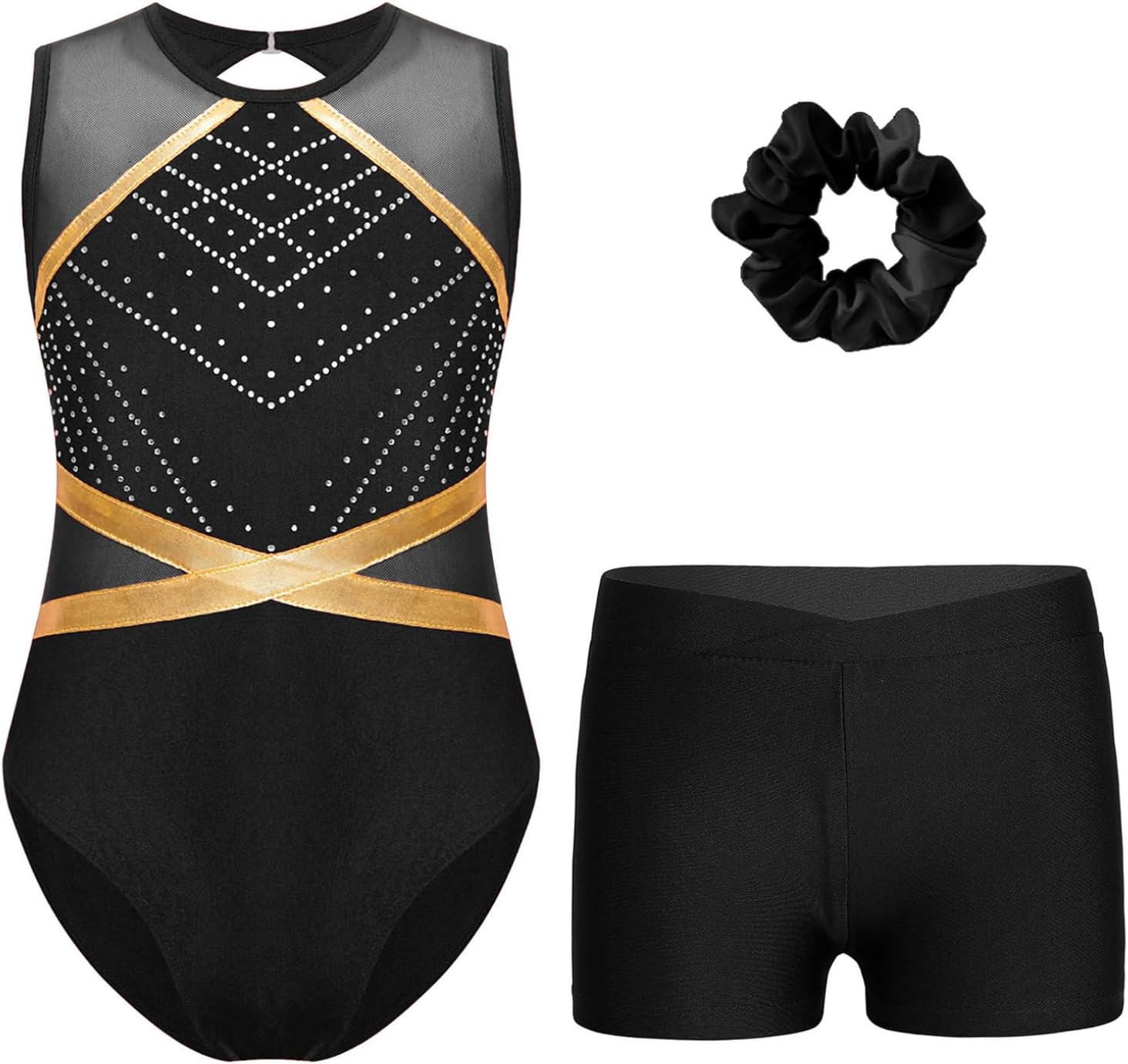 FreebilyKids Girls Dance Gymnastics Leotard Sleeveless Rhinestones Decor Bodysuit with Shorts Hair Tie
