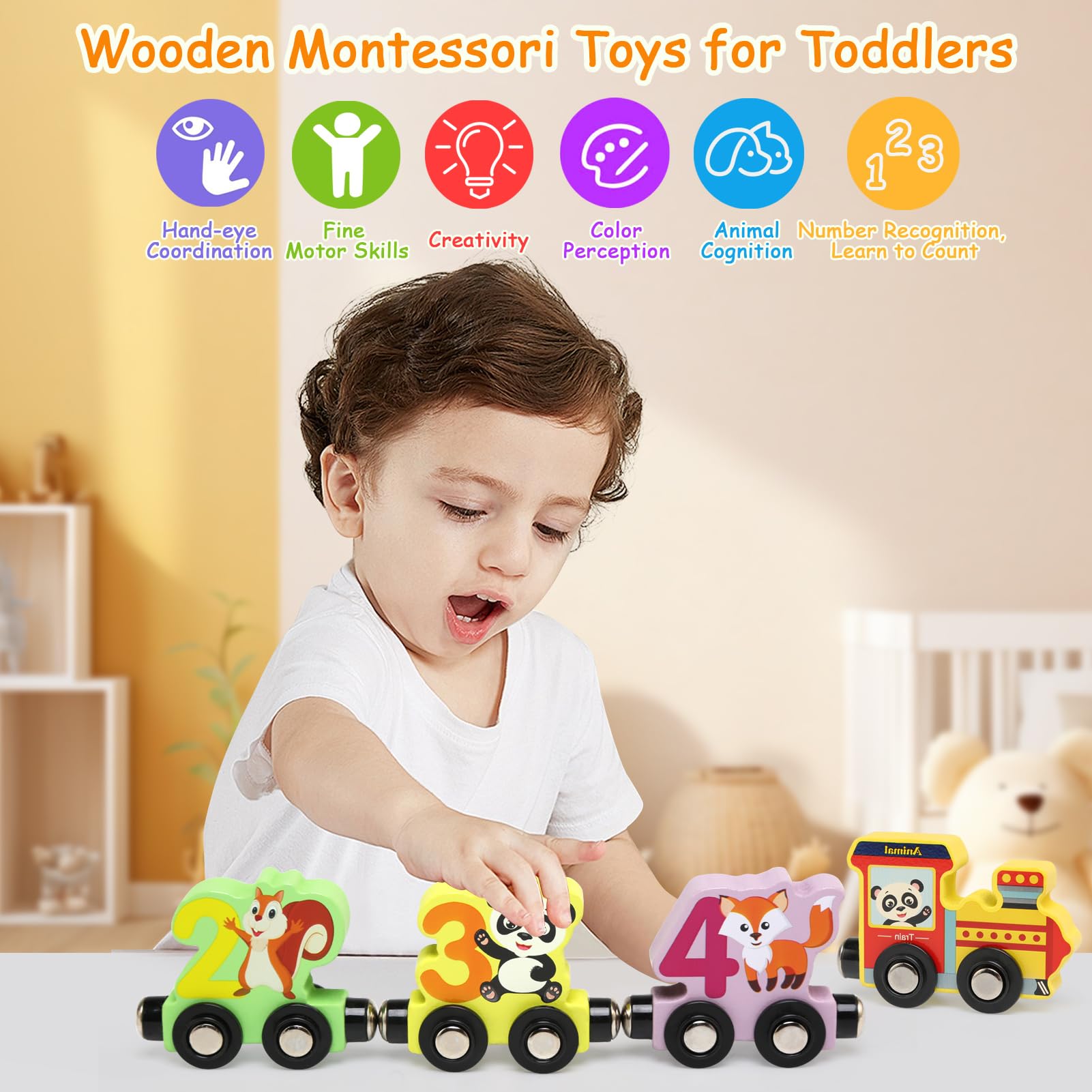 Train Jouet en Bois pour Enfant, Aimant Numéro Set, Montessori Voitures à Moteur Magnétique, Jeux Educatif 1-4 Ans