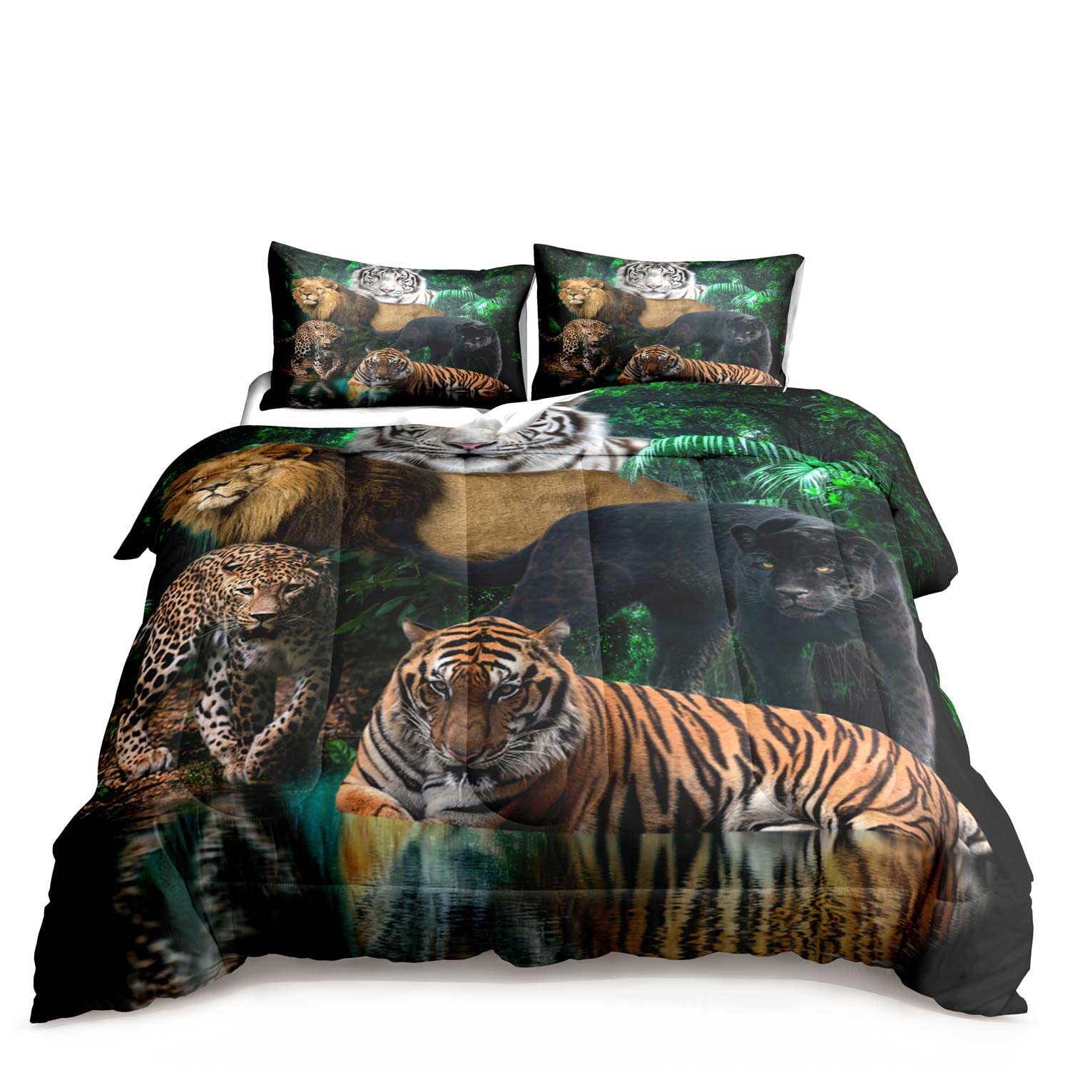 LUVIVIHOME 3PCS White Tiger Black Panther Lion Comforter Set Queen Size, Safari Animal Bedding Sets, Jungle African Wild Animal Bedroom Decor for Men Boys Gifts for Boyfriend Husband, 2 Pillow Shams