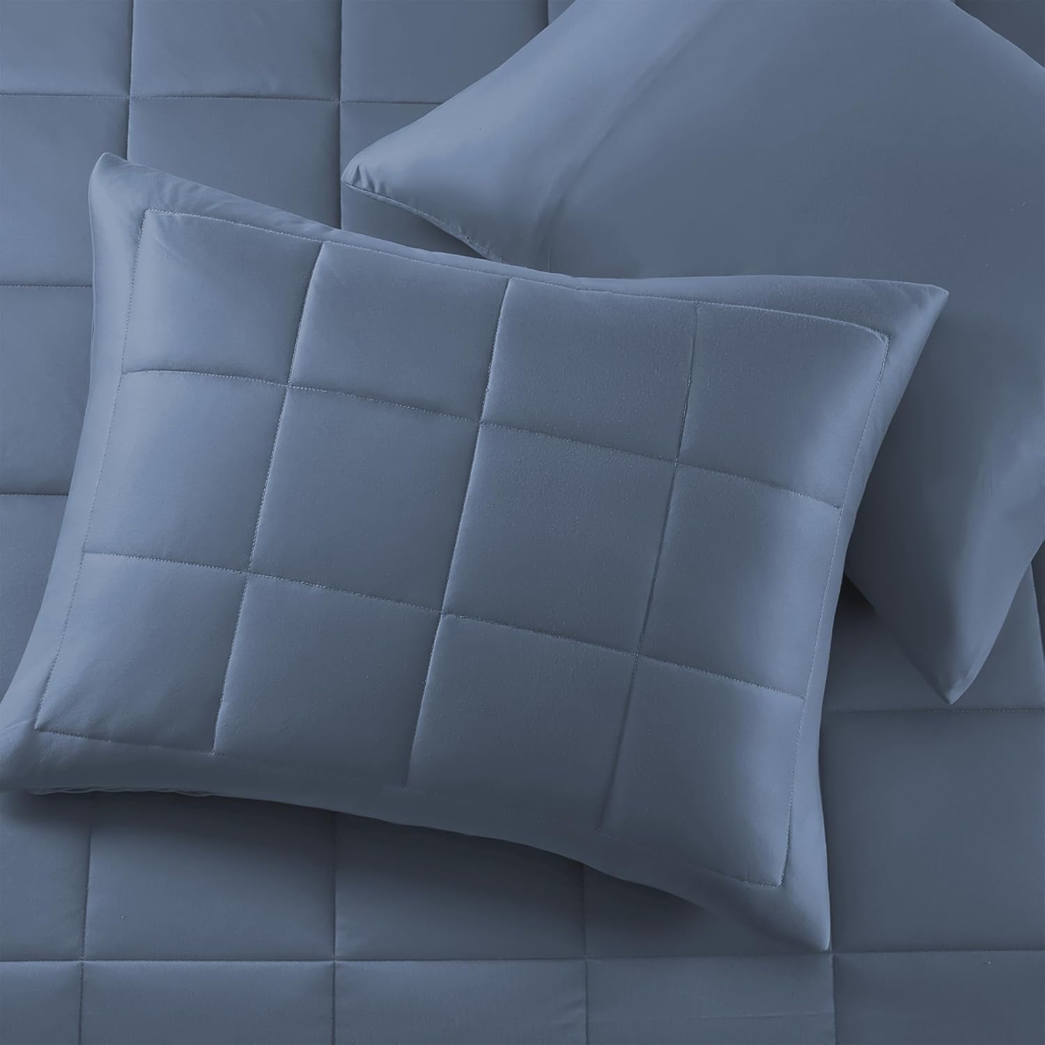 Wonderful Fall Bedding Set Queen Size - Box Stitch Quilt Set 3 Pieces Dusty Blue Lightweight Comforter with Pillowshams, Soft Coverlet Solid Bedspread 94"x94"