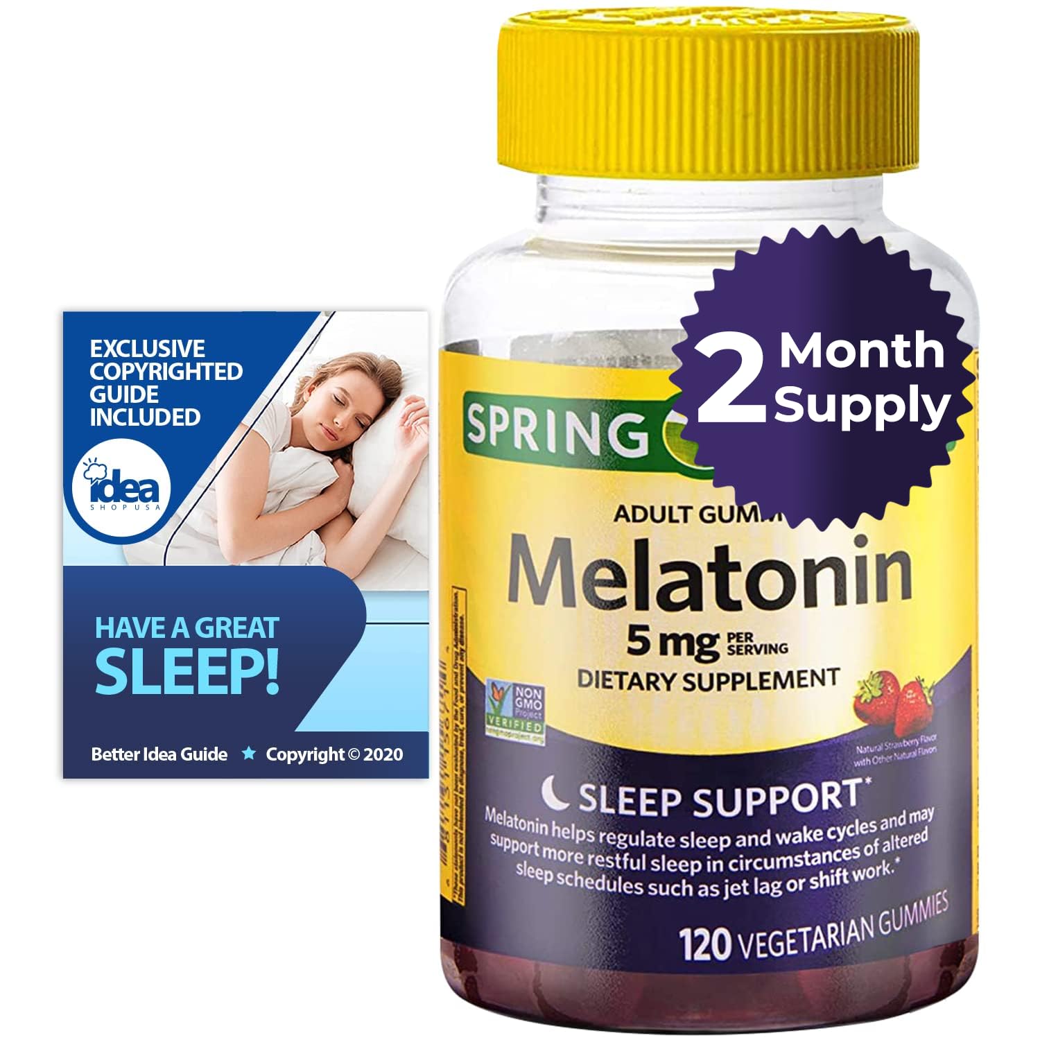 Gomas de Melatonina 5mg - Sabor Natural de Morango, Suplemento de Apoio ao Sono, 120 Gomas Vegetarianas, Não Transgênicas - Pacote com Guia Melhor Ideia 'Tenha uma Boa Noite'