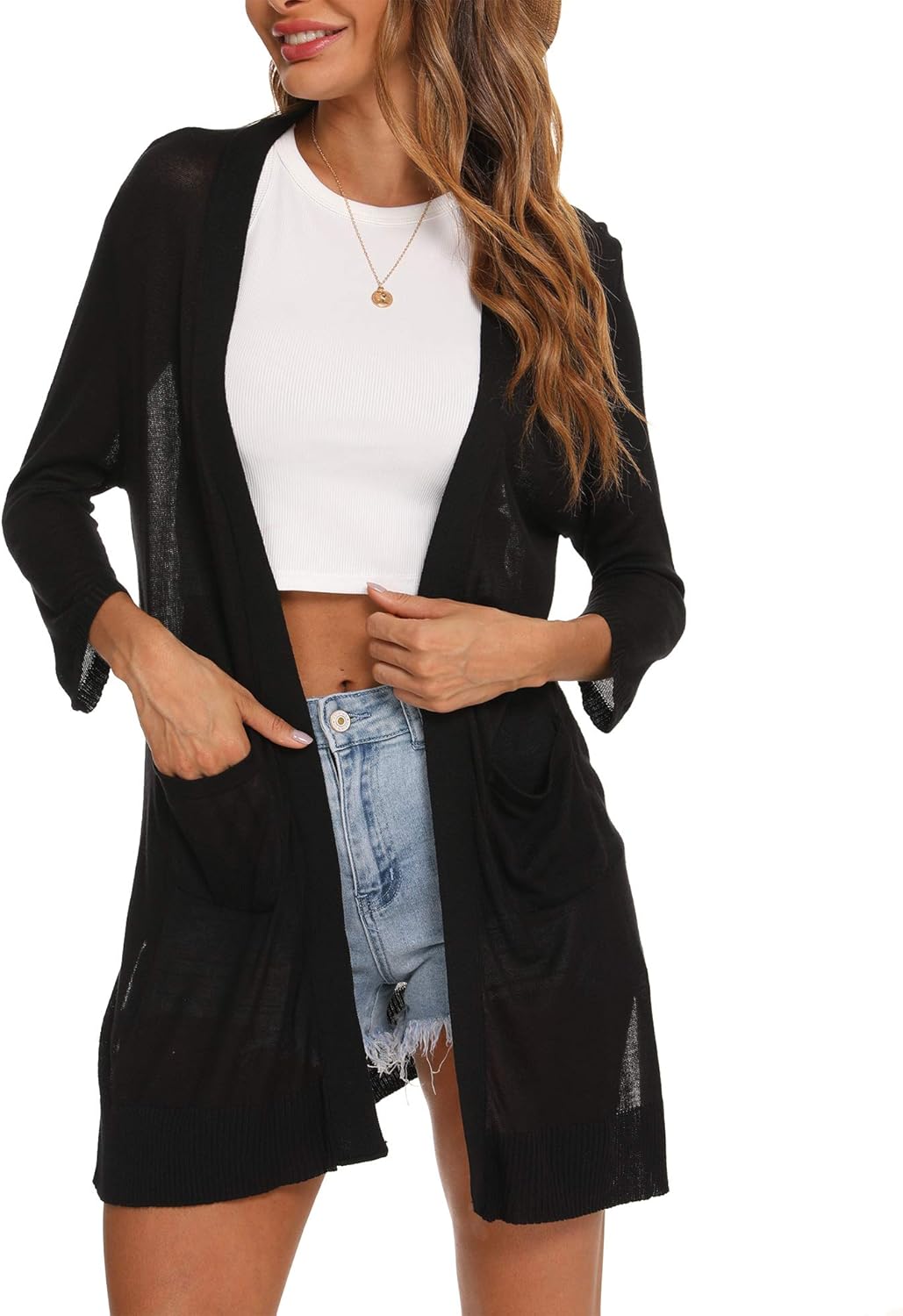 LYHNMW Women's Cardigan Casual 3/4 Sleeve or Long Sleeve Lightweight Open Front Long Knited Cardigan with Pocket