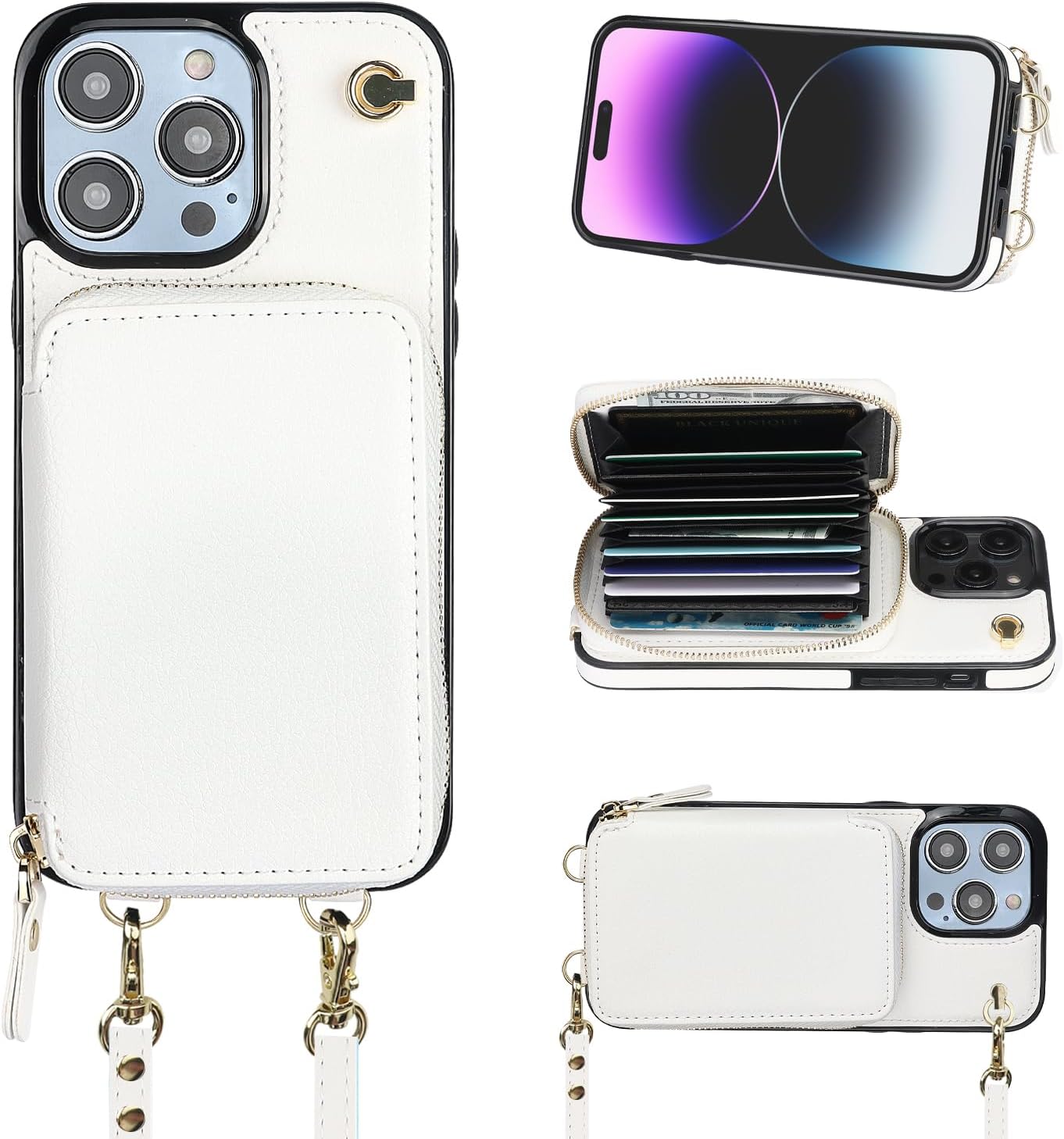 Bocasal Crossbody Wallet Case for iPhone 14 Pro Max, RFID Blocking Leather Purse Case with Card Holder, Protective Handbag Flip Cover with Zipper Wrist Strap Lanyard for Women 5G 6.7 Inch (White)