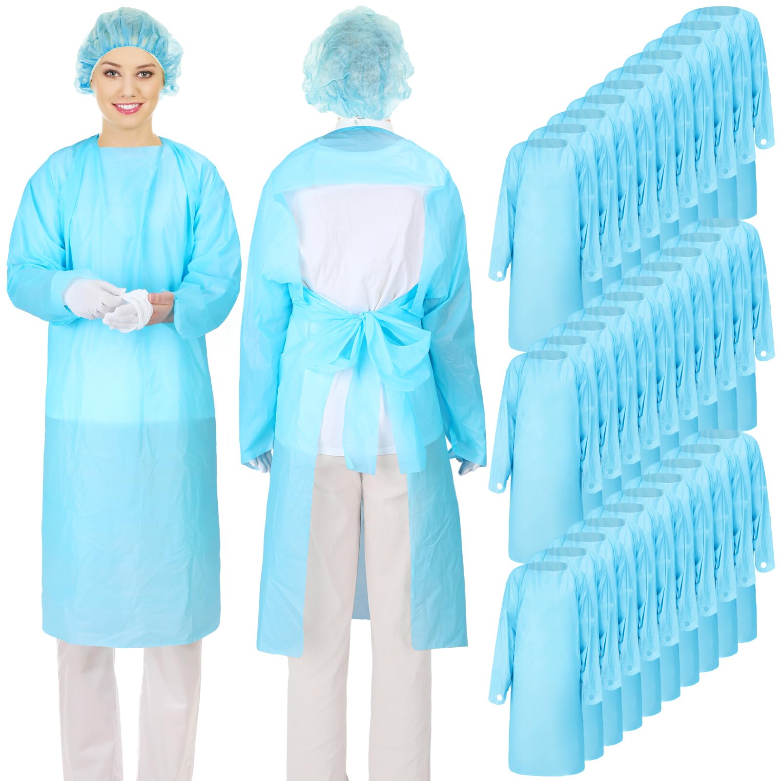 Photo 1 of TrelaCo 30 Pack Disposable Isolation Gowns PPE Gowns Set with Sleeves Thumb Loops Waist Ties 46 Inch Large Waterproof CPE Odorless Disposable Gown for Home Isolation, Lab, Dental, Beauty (Blue)